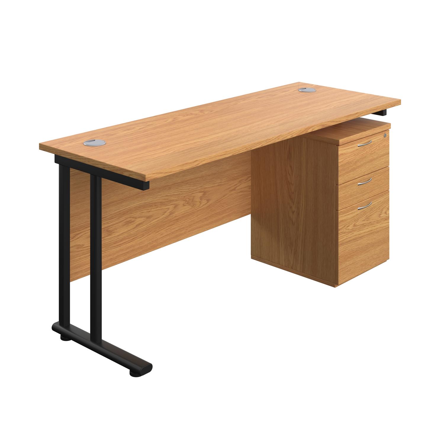 Twin Upright Rectangular Desk + High Mobile Pedestal 3 Drawer  1600X600 Nova Oak/Black