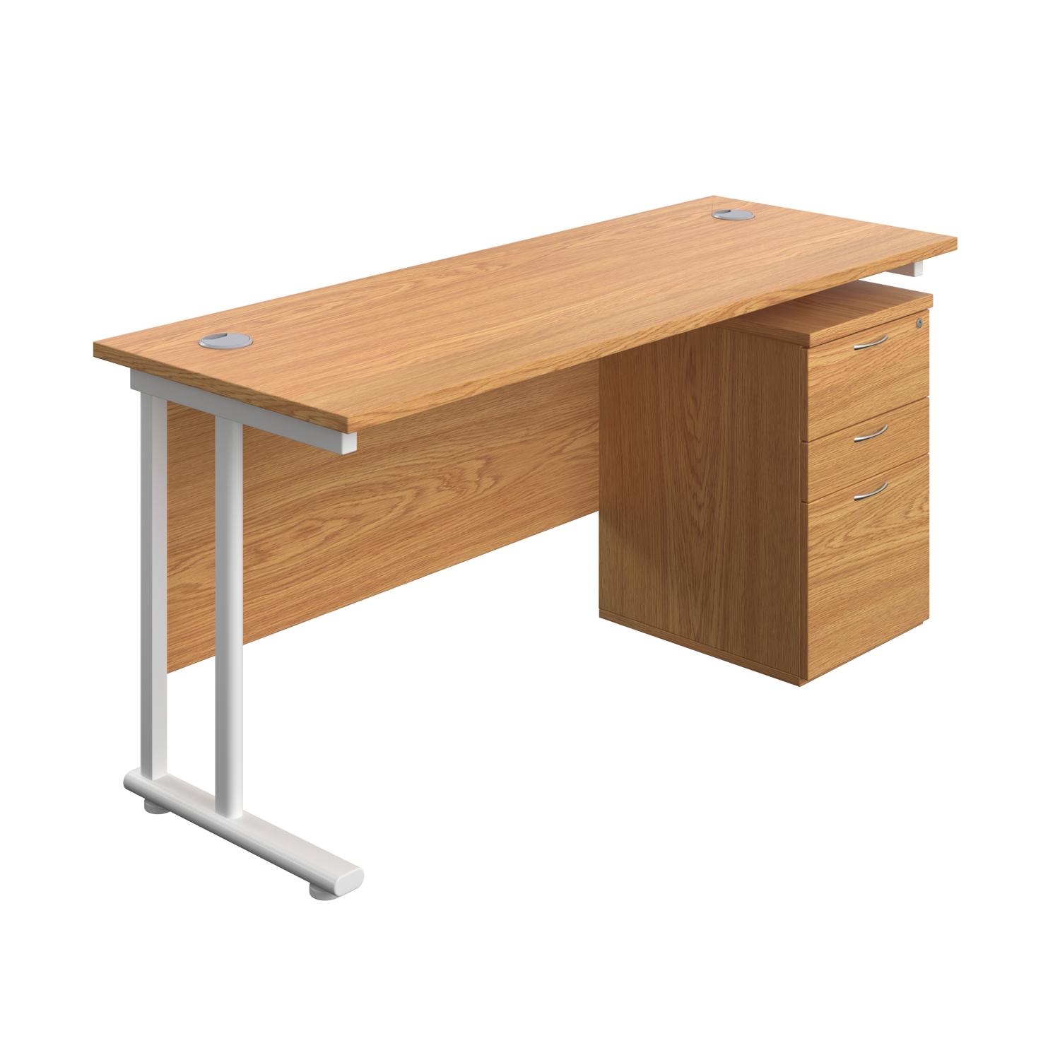 Twin Upright Rectangular Desk + High Mobile Pedestal 3 Drawer  1600X600 Nova Oak/White