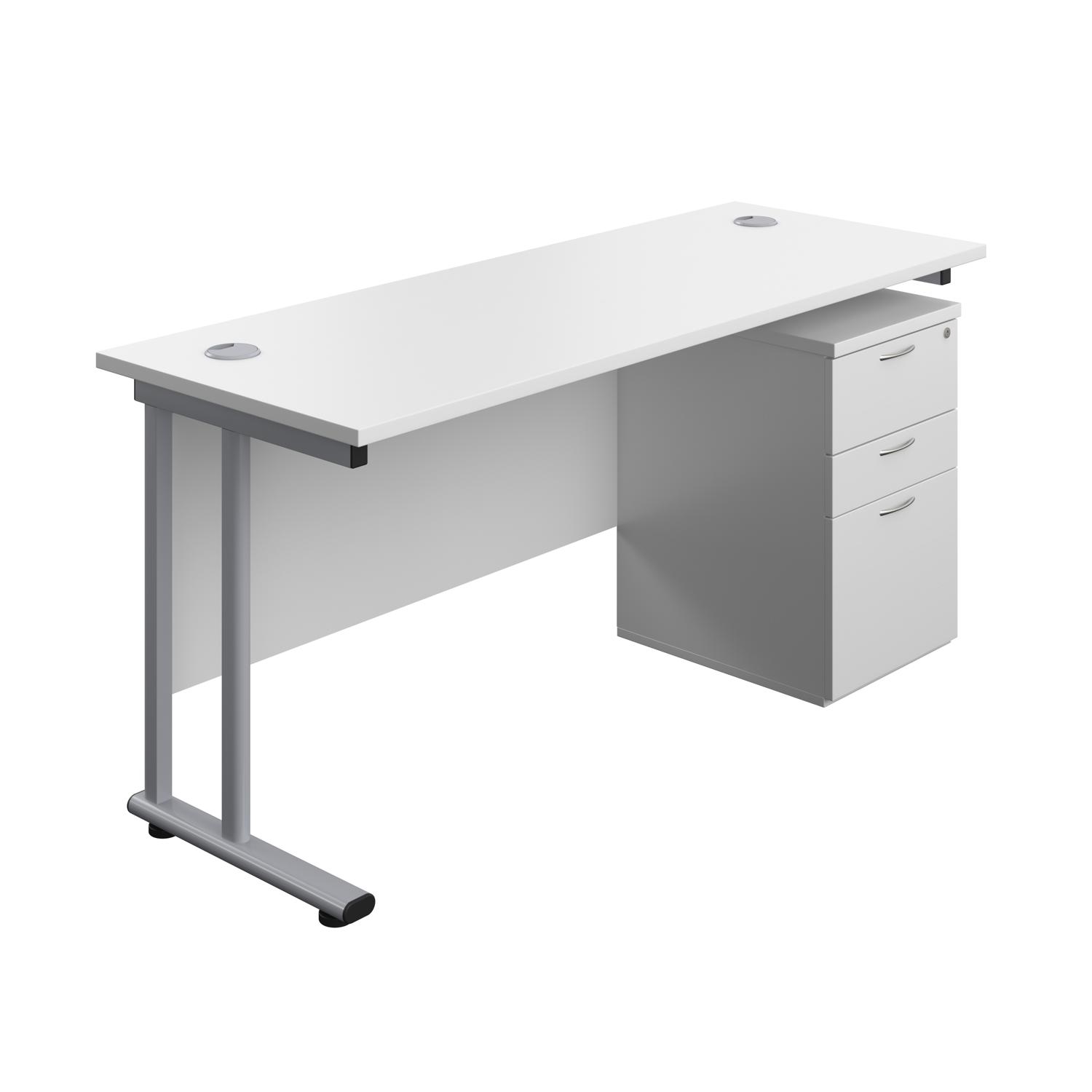 Twin Upright Rectangular Desk + High Mobile Pedestal 3 Drawer  1600X600 White/Silver
