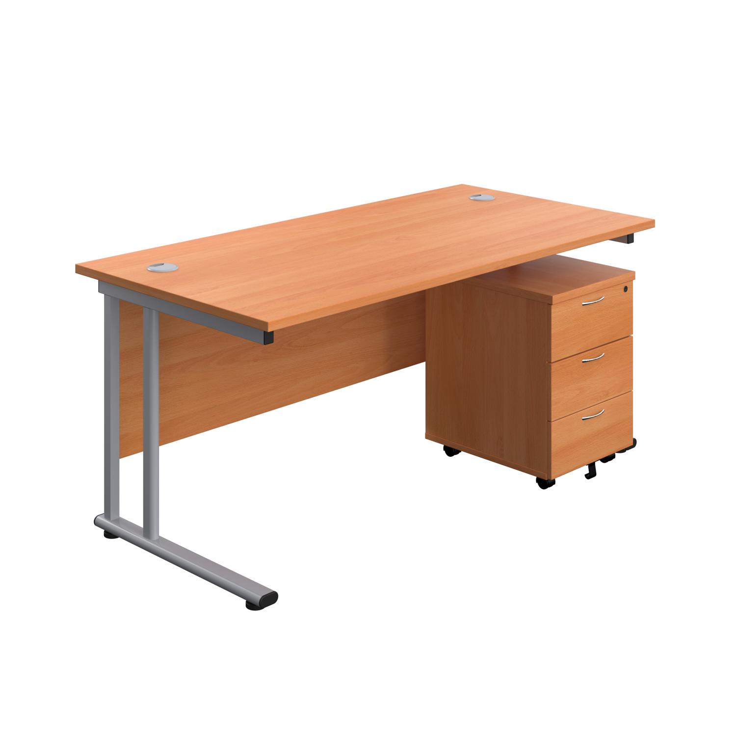 Twin Upright Rectangular Desk + Mobile 3 Drawer Pedestal  1600X800 Beech/Silver