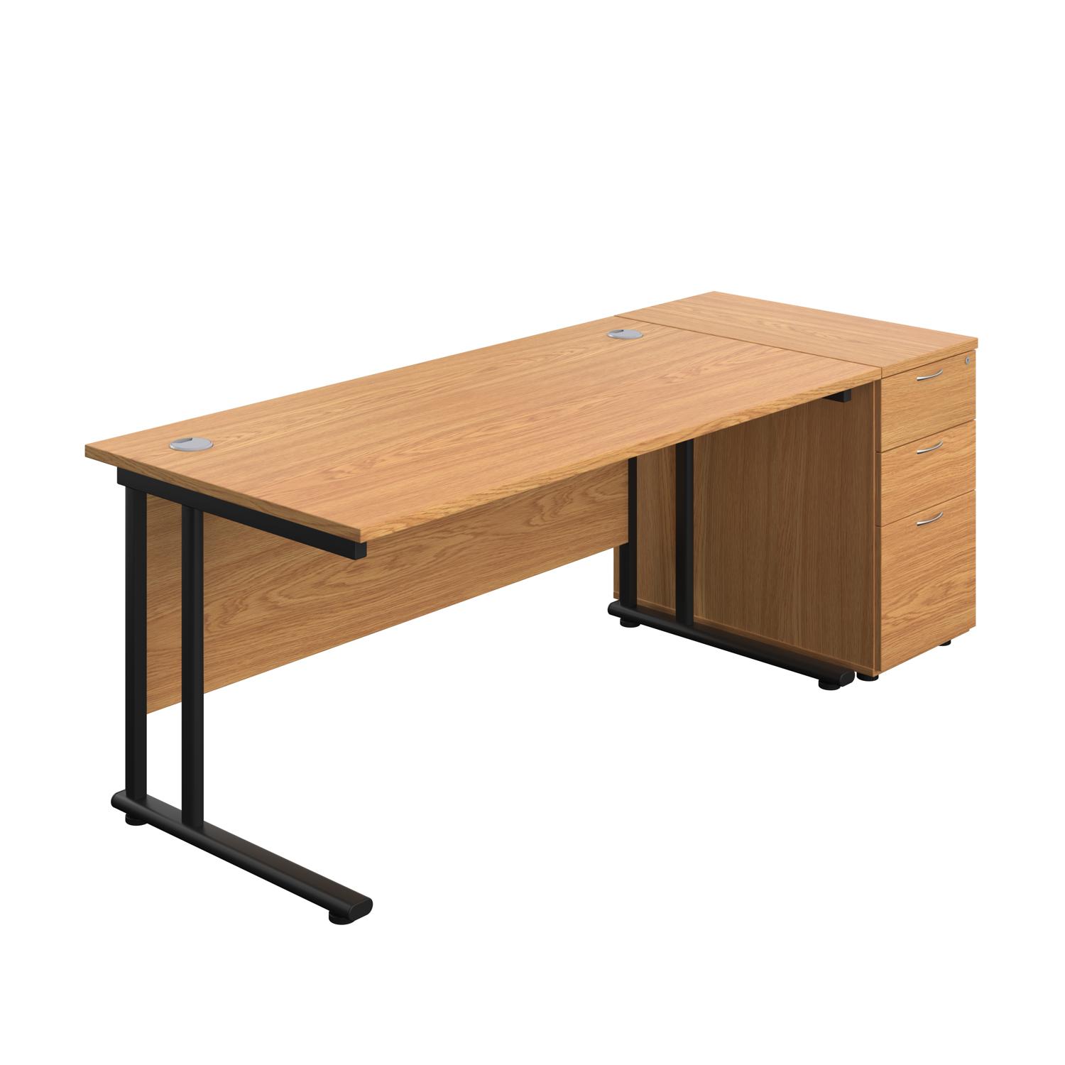 Twin Upright Rectangular Desk + Desk High 3 Drawer Pedestal  1600X800 Nova Oak/Black
