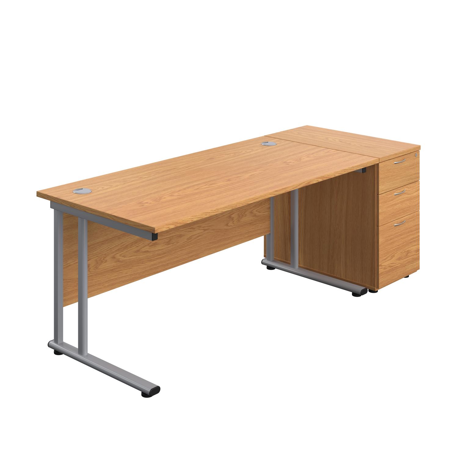 Twin Upright Rectangular Desk + Desk High 3 Drawer Pedestal  1600X800 Nova Oak/Silver