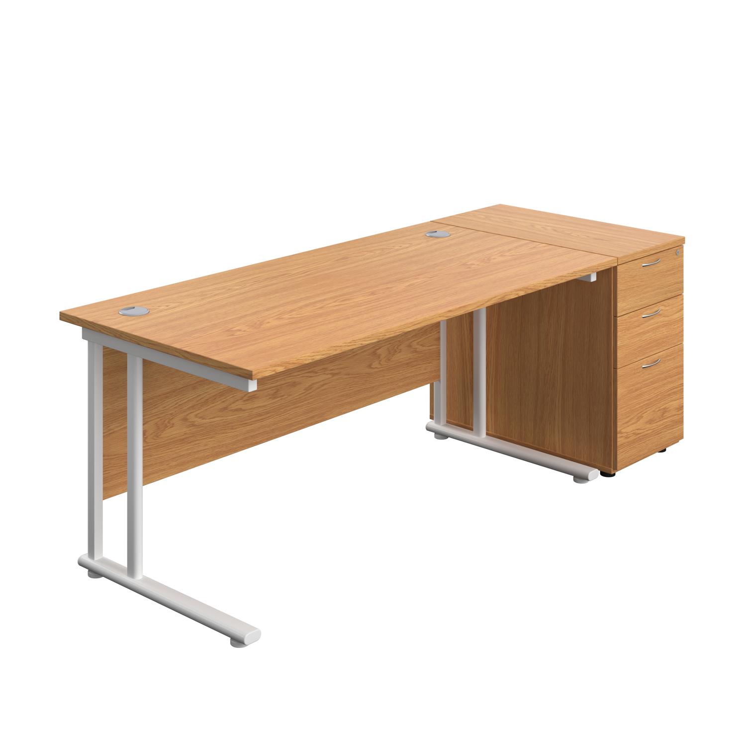 Twin Upright Rectangular Desk + Desk High 3 Drawer Pedestal  1600X800 Nova Oak/White
