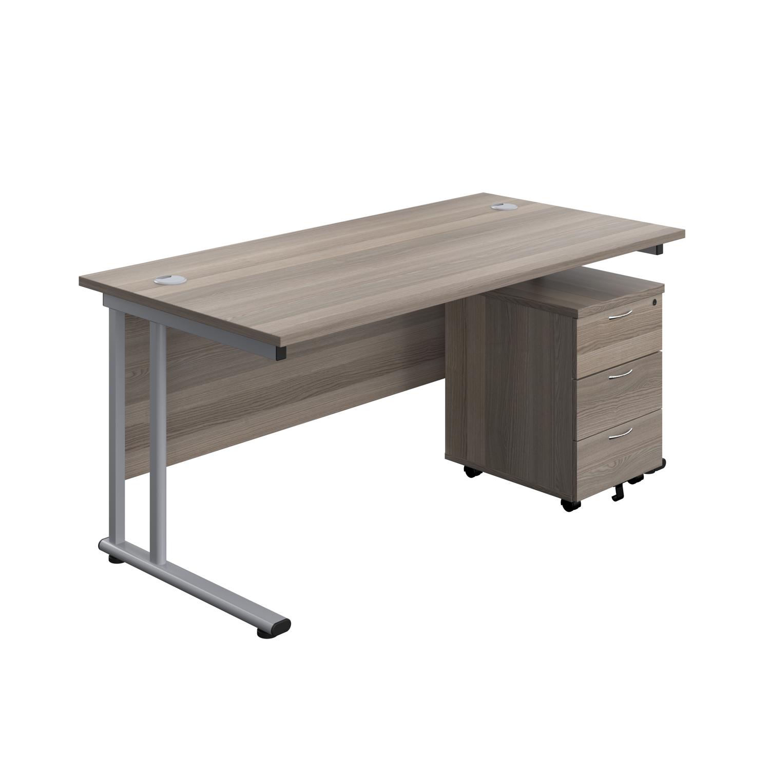 Twin Upright Rectangular Desk + Mobile 3 Drawer Pedestal  1600X800 Grey Oak/Silver