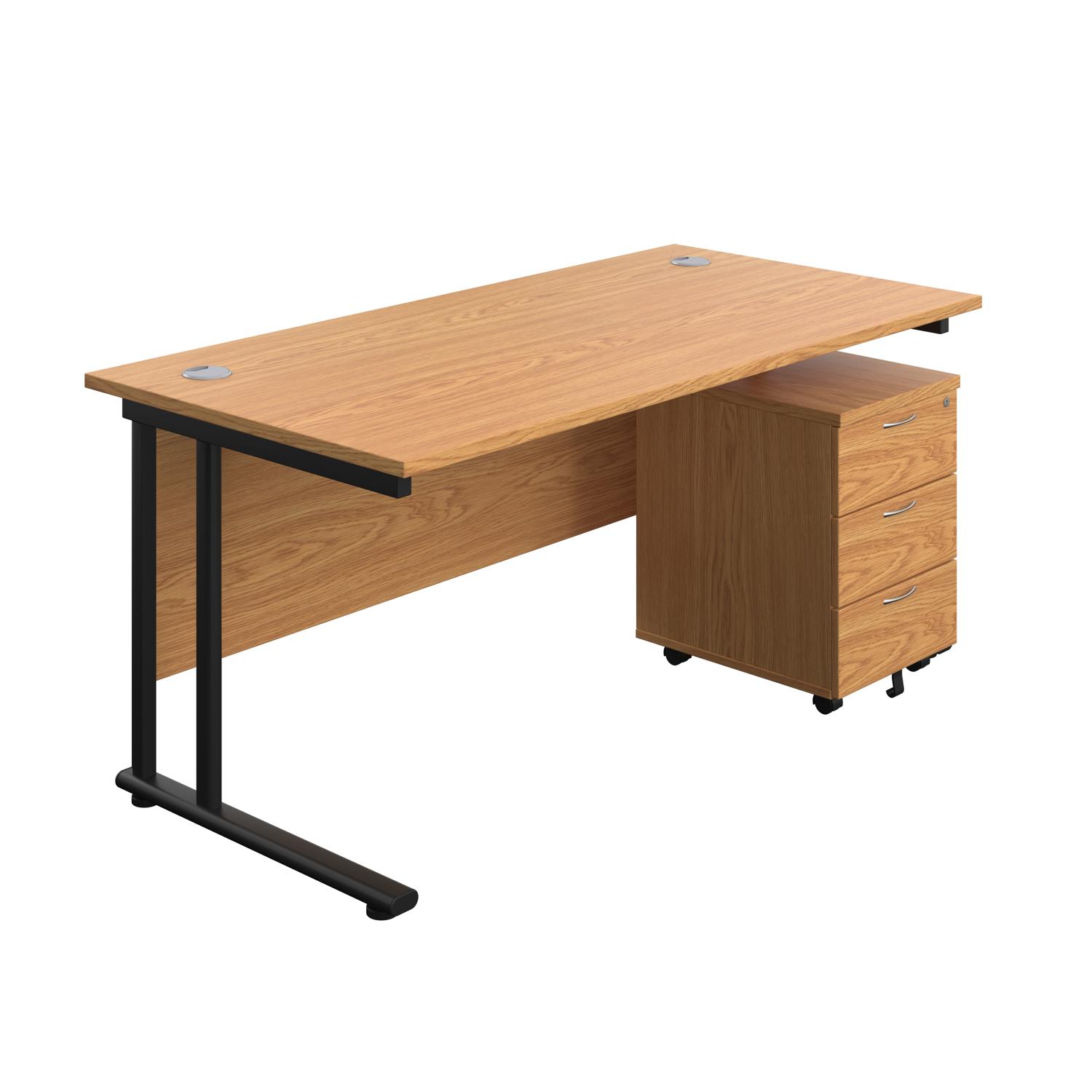 Twin Upright Rectangular Desk + Mobile 3 Drawer Pedestal  1600X800 Nova Oak/Black