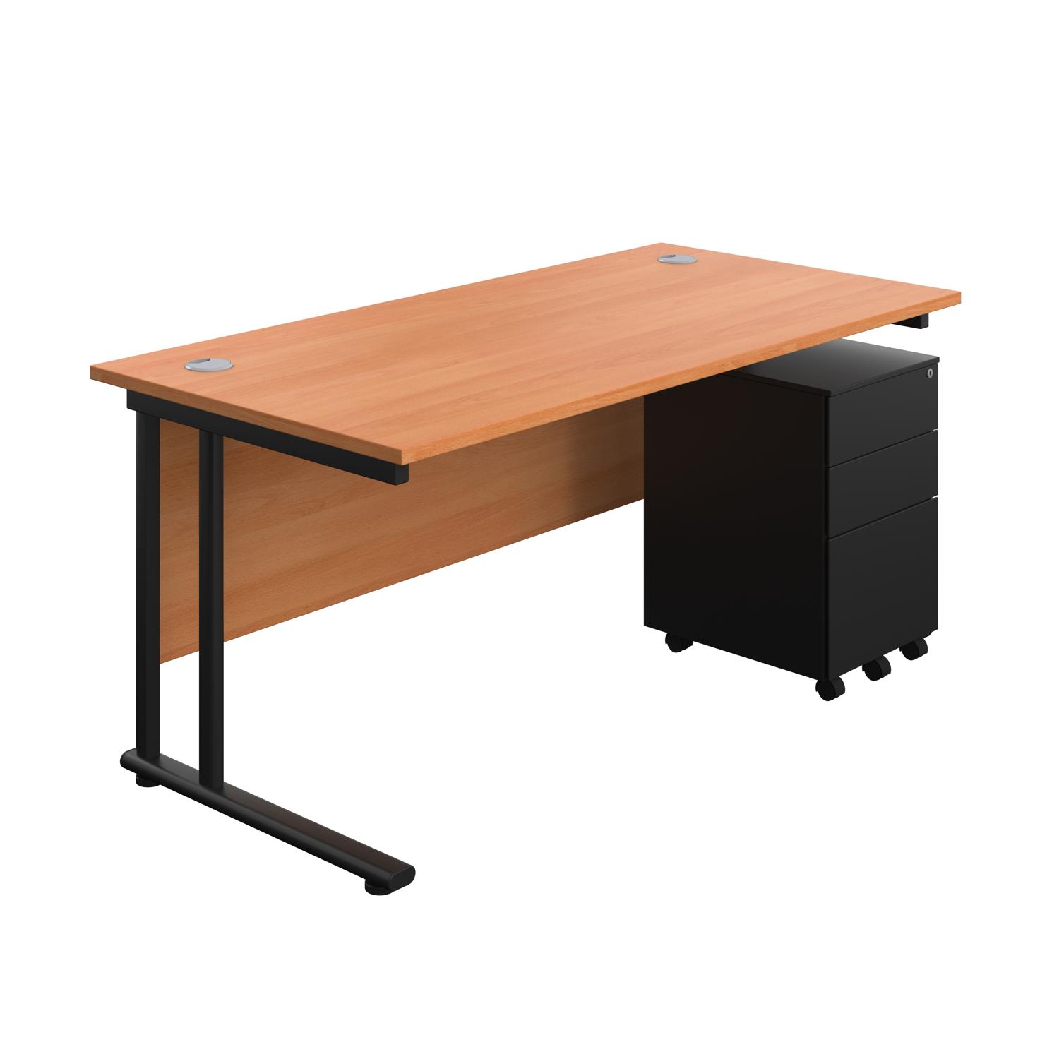 Twin Upright Rectangular Desk + Under Desk Steel Pedestal 3 Drawers  1600X800 Beech/Black