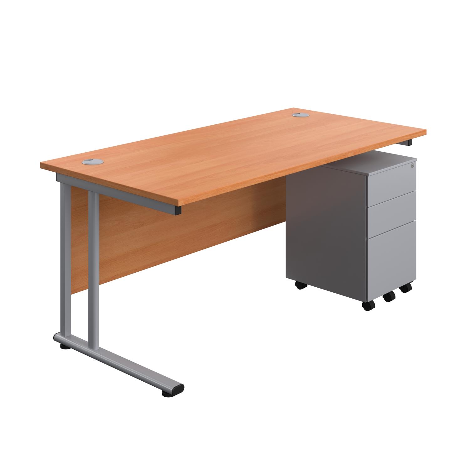 Twin Upright Rectangular Desk + Under Desk Steel Pedestal 3 Drawers  1600X800 Beech/Silver