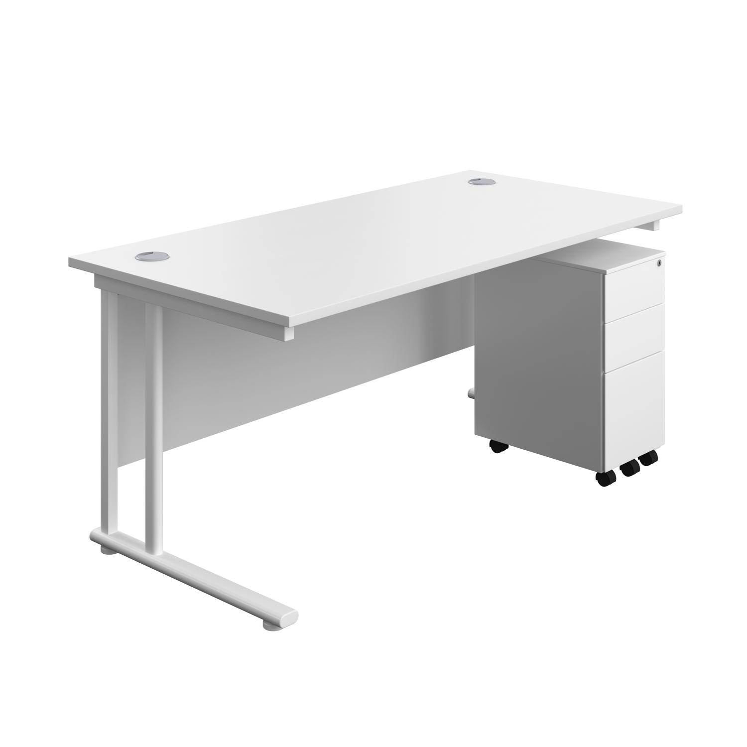 Twin Upright Rectangular Desk + Slimline Steel Pedestal 3 Drawers  1600X800 White/White