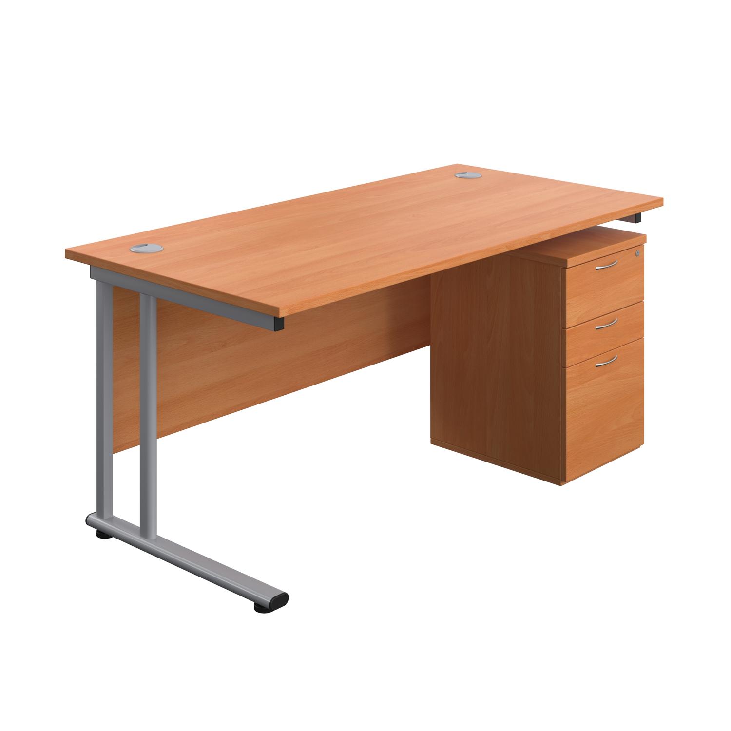 Twin Upright Rectangular Desk + High Mobile Pedestal 3 Drawer  1600X800 Beech/Silver