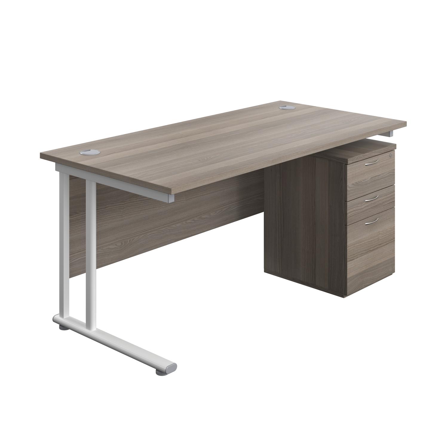 Twin Upright Rectangular Desk + High Mobile Pedestal 3 Drawer  1600X800 Grey Oak/White