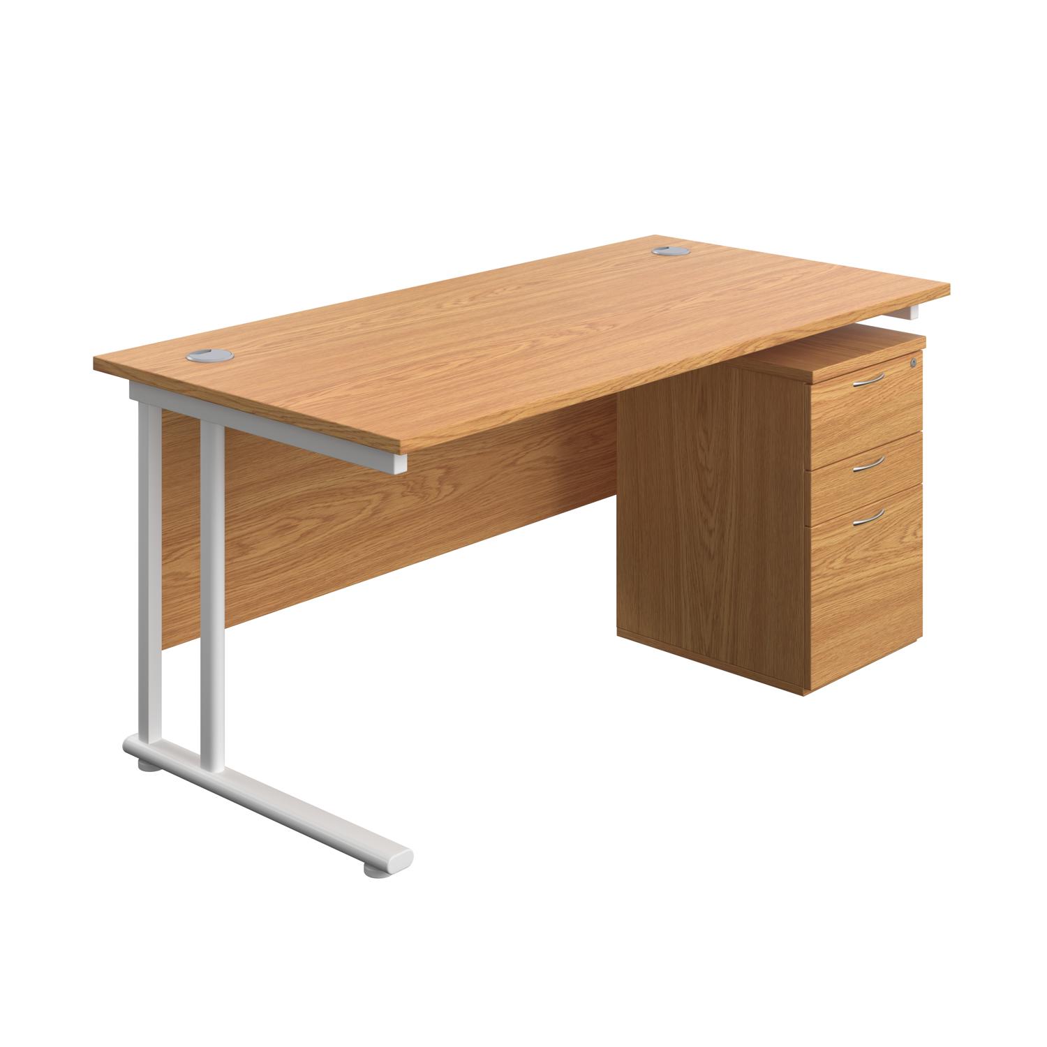 Twin Upright Rectangular Desk + High Mobile Pedestal 3 Drawer  1600X800 Nova Oak/White