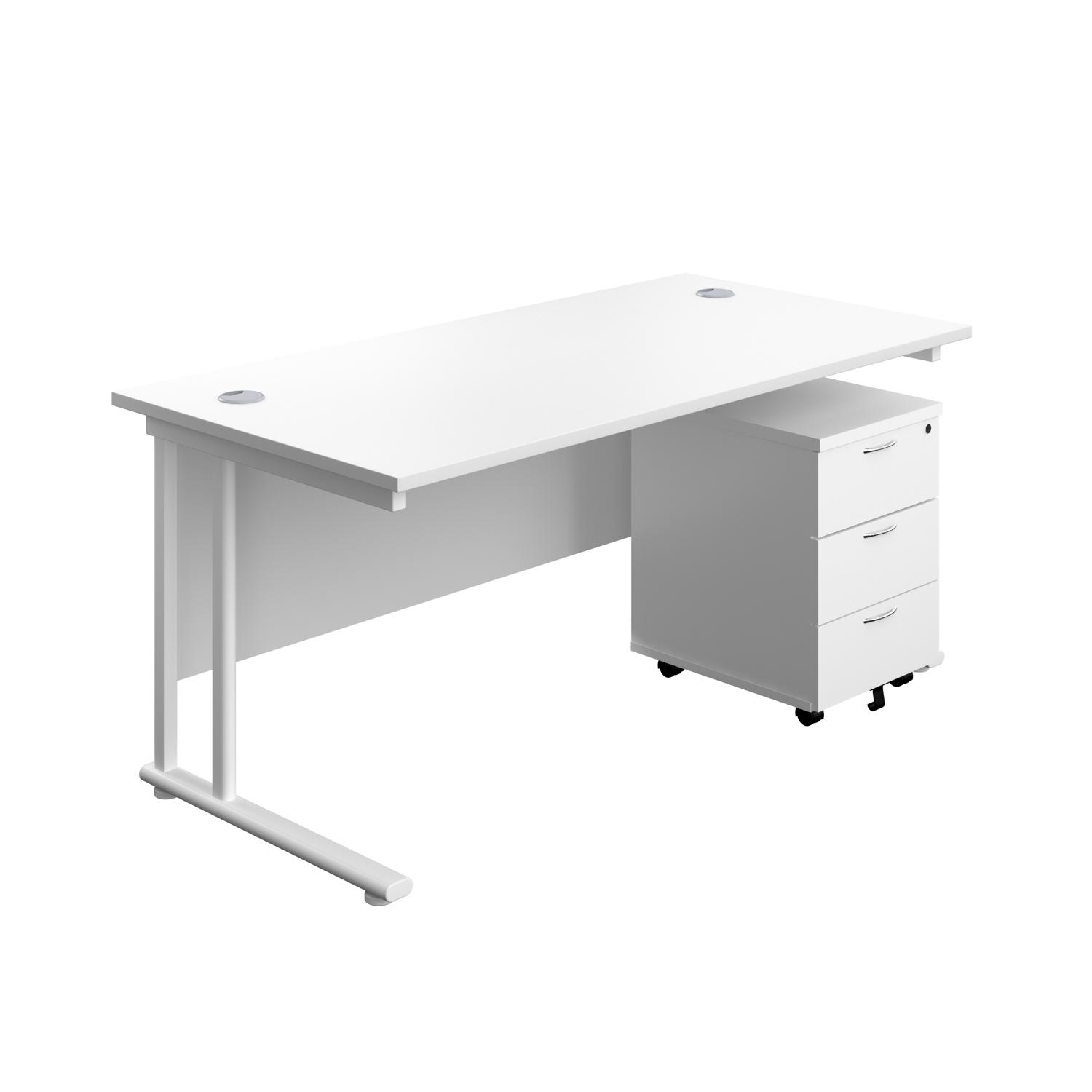 Twin Upright Rectangular Desk + Mobile 3 Drawer Pedestal  1600X800 White/White