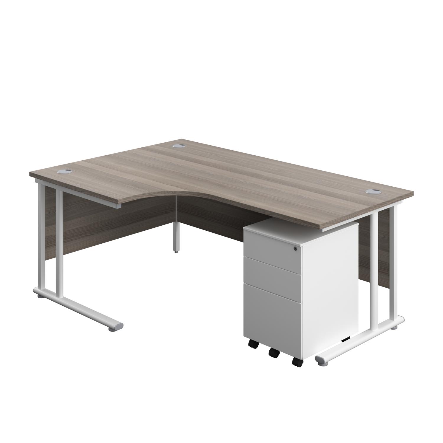 Twin Upright Left Hand Radial Desk + Under Desk Steel Pedestal 3 Drawers 1800X1200 Grey Oak/White Twin Upright Left Hand Radial Desk + Under Desk Steel Pedestal 3 Drawers 1800X1200 Grey Oak/White