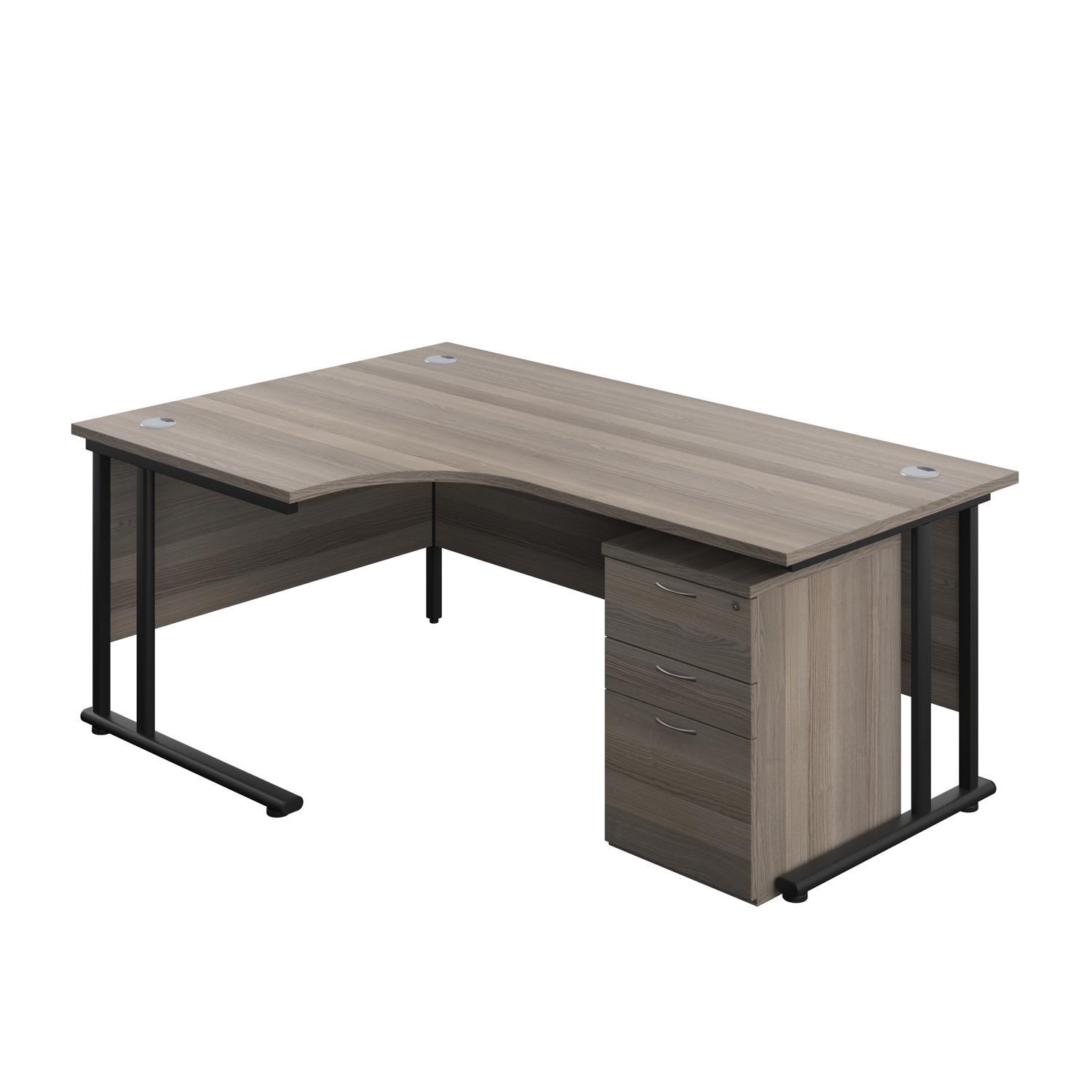 Twin Upright Left Hand Radial Desk + High Mobile Pedestal 3 Drawer  1800X1200 Grey Oak/Black