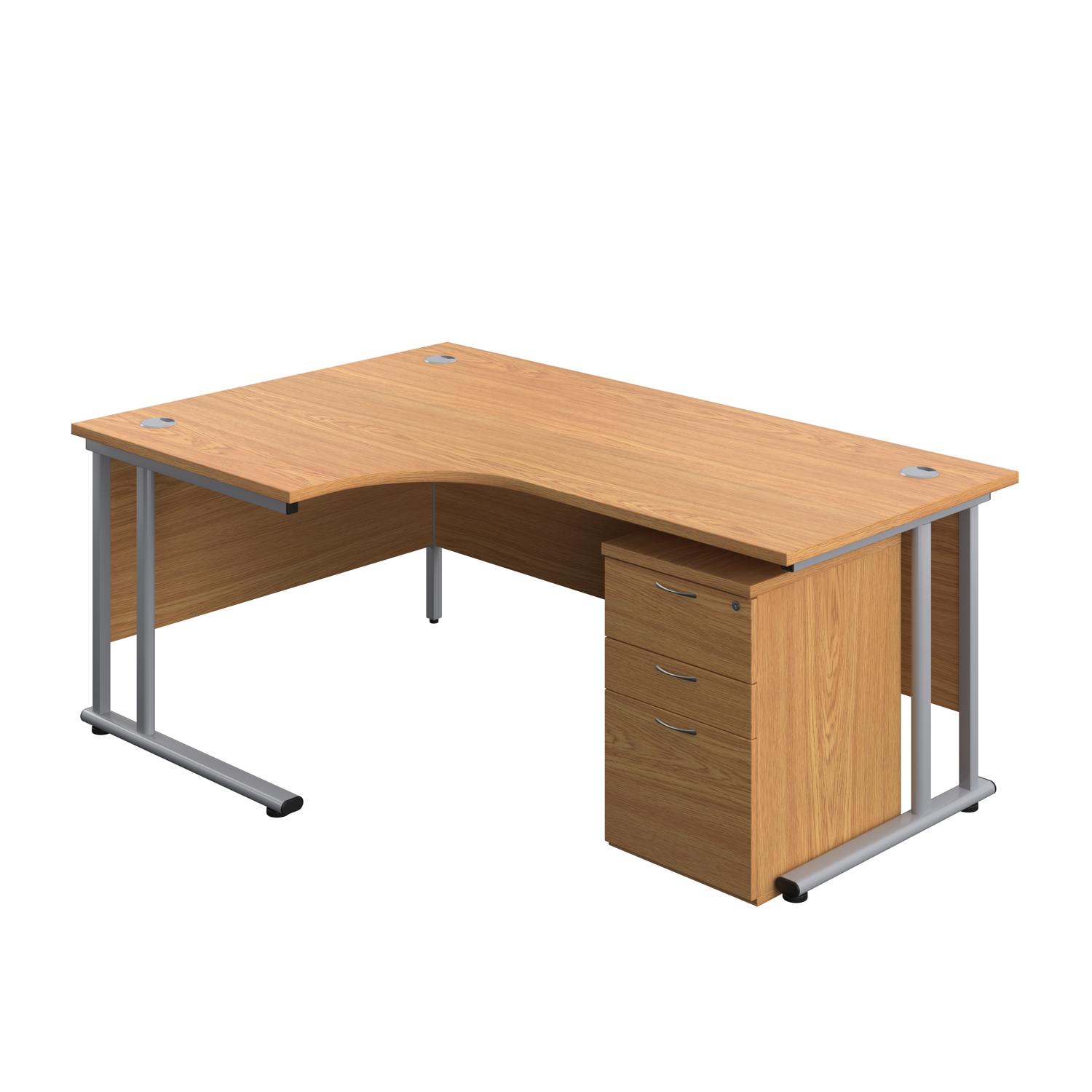 Twin Upright Left Hand Radial Desk + High Mobile Pedestal 3 Drawer  1800X1200 Nova Oak/Silver