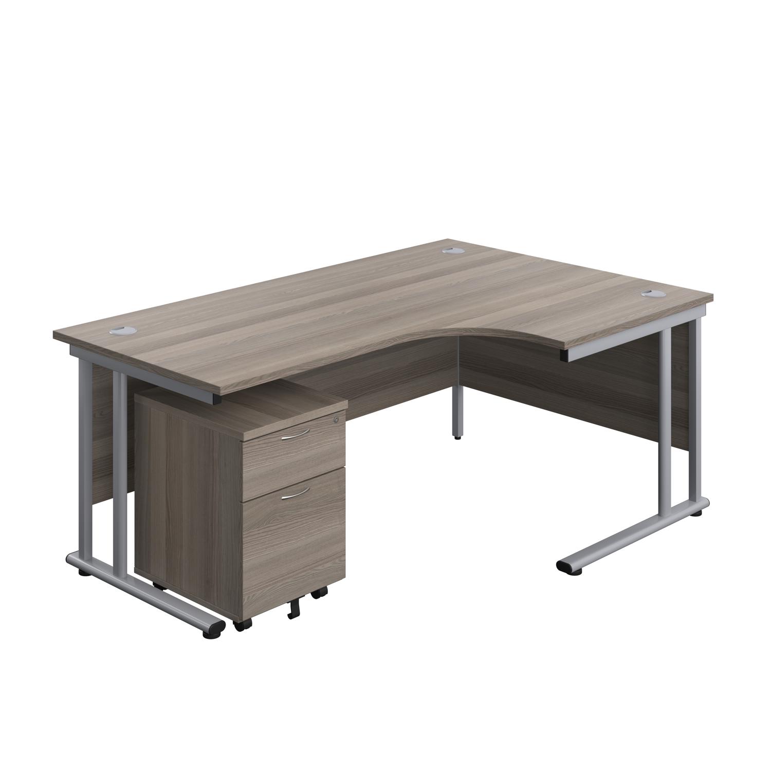 Twin Upright Right Hand Radial Desk + Mobile 2 Drawer Pedestal  1800X1200 Grey Oak/Silver