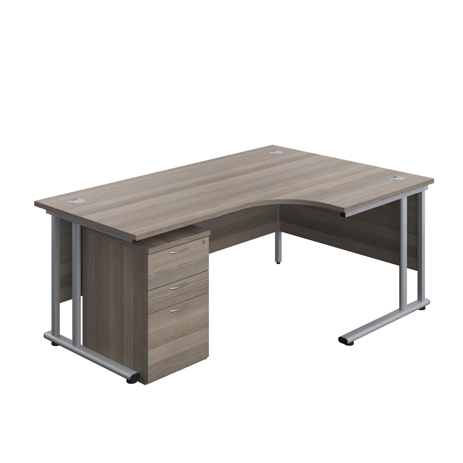 Twin Upright Right Hand Radial Desk + High Mobile Pedestal 3 Drawer 1800X1200 Grey Oak/Silver Twin Upright Right Hand Radial Desk + High Mobile Pedestal 3 Drawer 1800X1200 Grey Oak/Silver