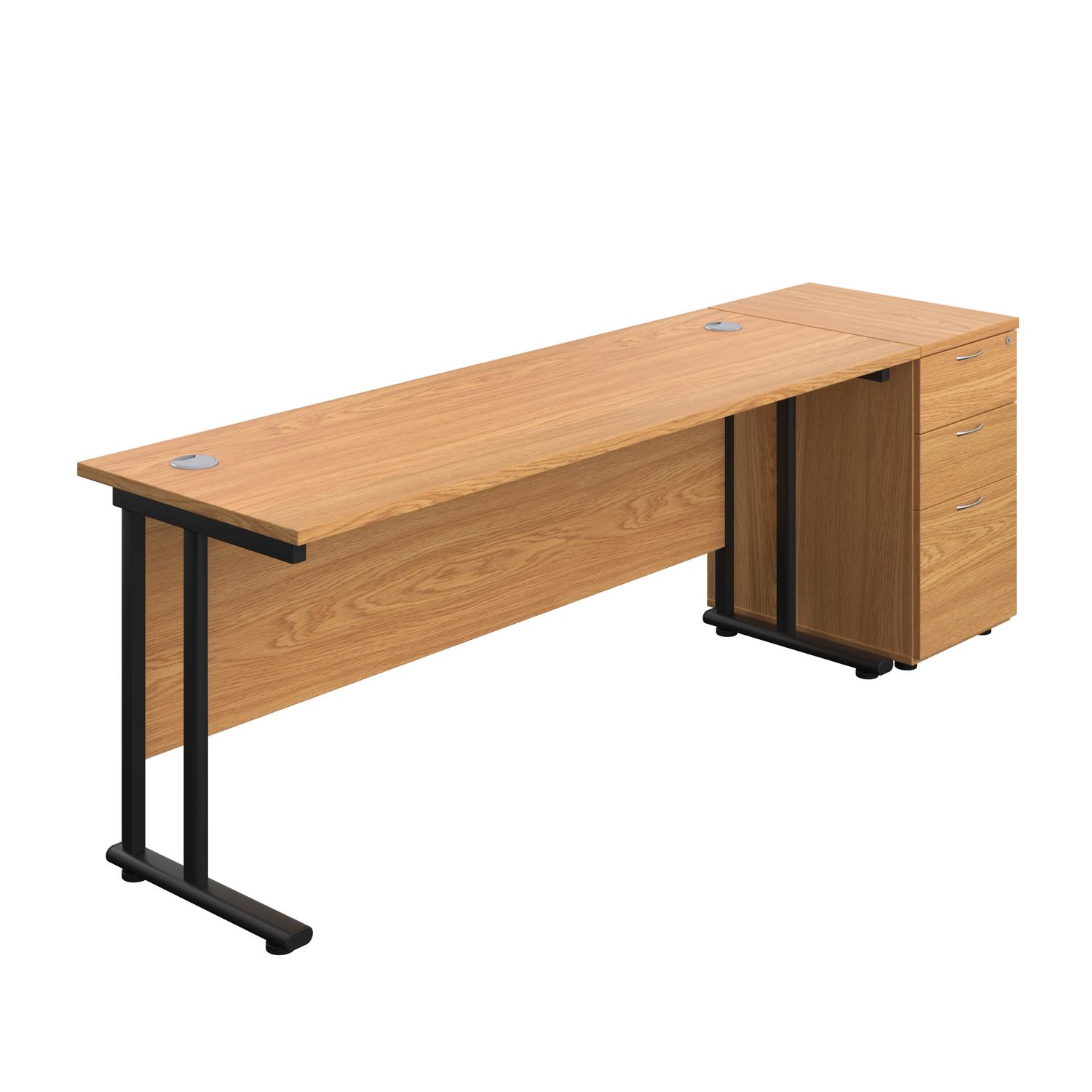 Twin Upright Rectangular Desk + Desk High 3 Drawer Pedestal  1800X600 Nova Oak/Black