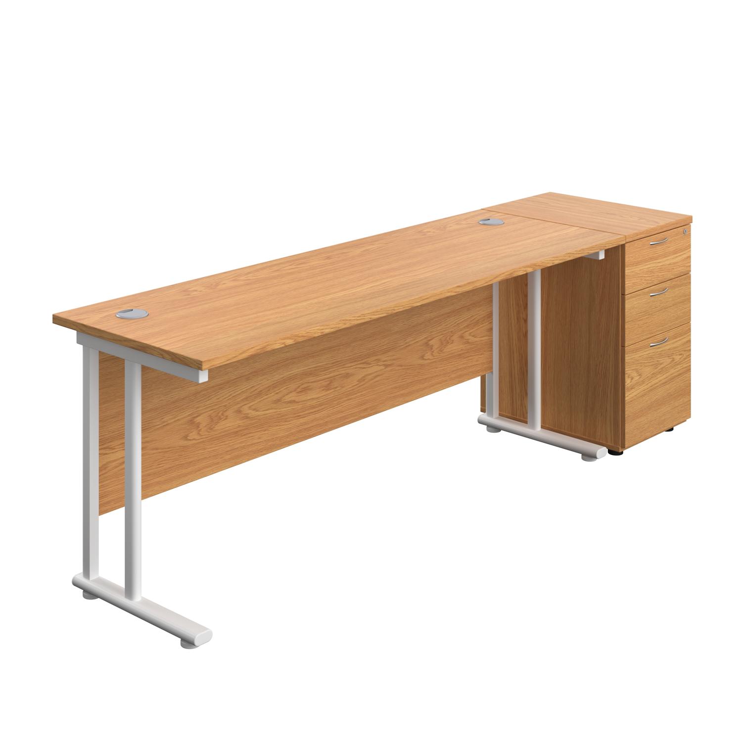 Twin Upright Rectangular Desk + Desk High 3 Drawer Pedestal  1800X600 Nova Oak/White