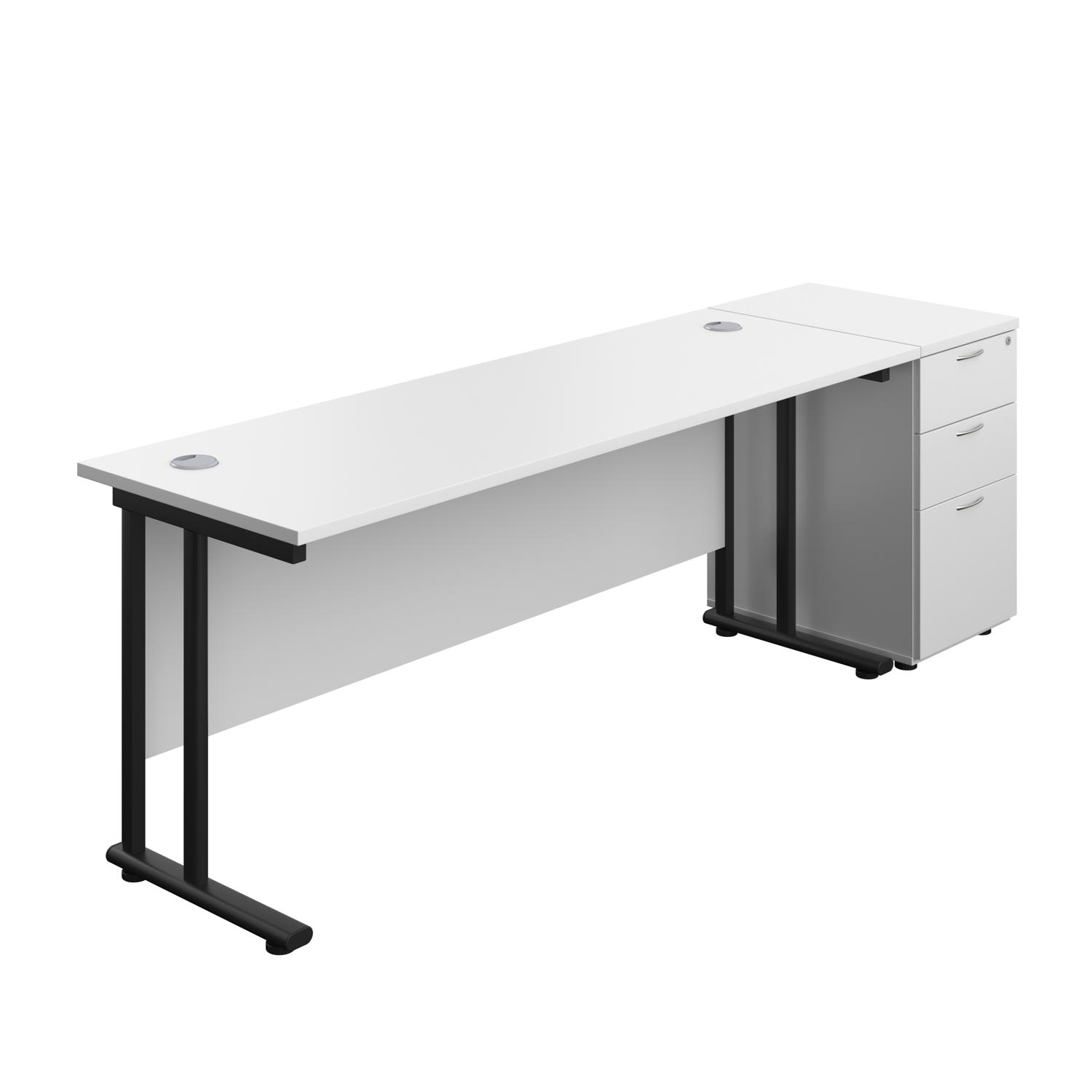 Twin Upright Rectangular Desk + Desk High 3 Drawer Pedestal  1800X600 White/Black