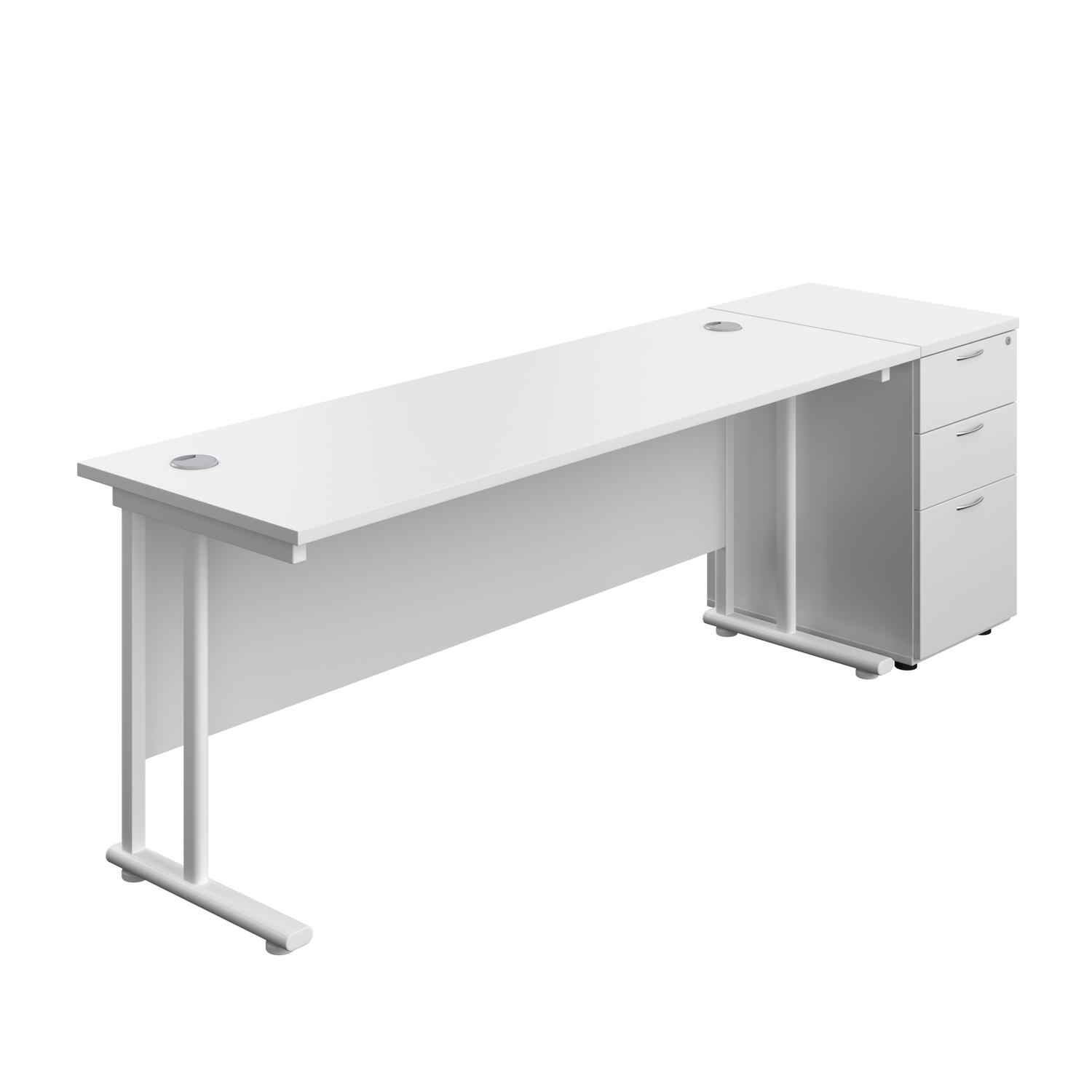Twin Upright Rectangular Desk + Desk High 3 Drawer Pedestal  1800X600 White/White