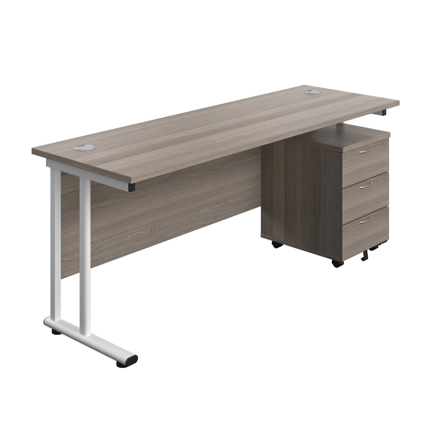 Twin Upright Rectangular Desk + Mobile 3 Drawer Pedestal  1800X600 Grey Oak/White