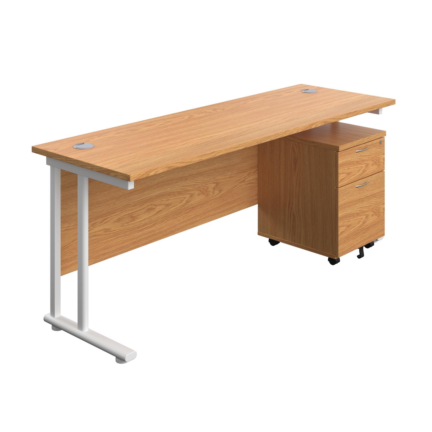 Twin Upright Rectangular Desk + Mobile 2 Drawer Pedestal  1800X600 Nova Oak/White