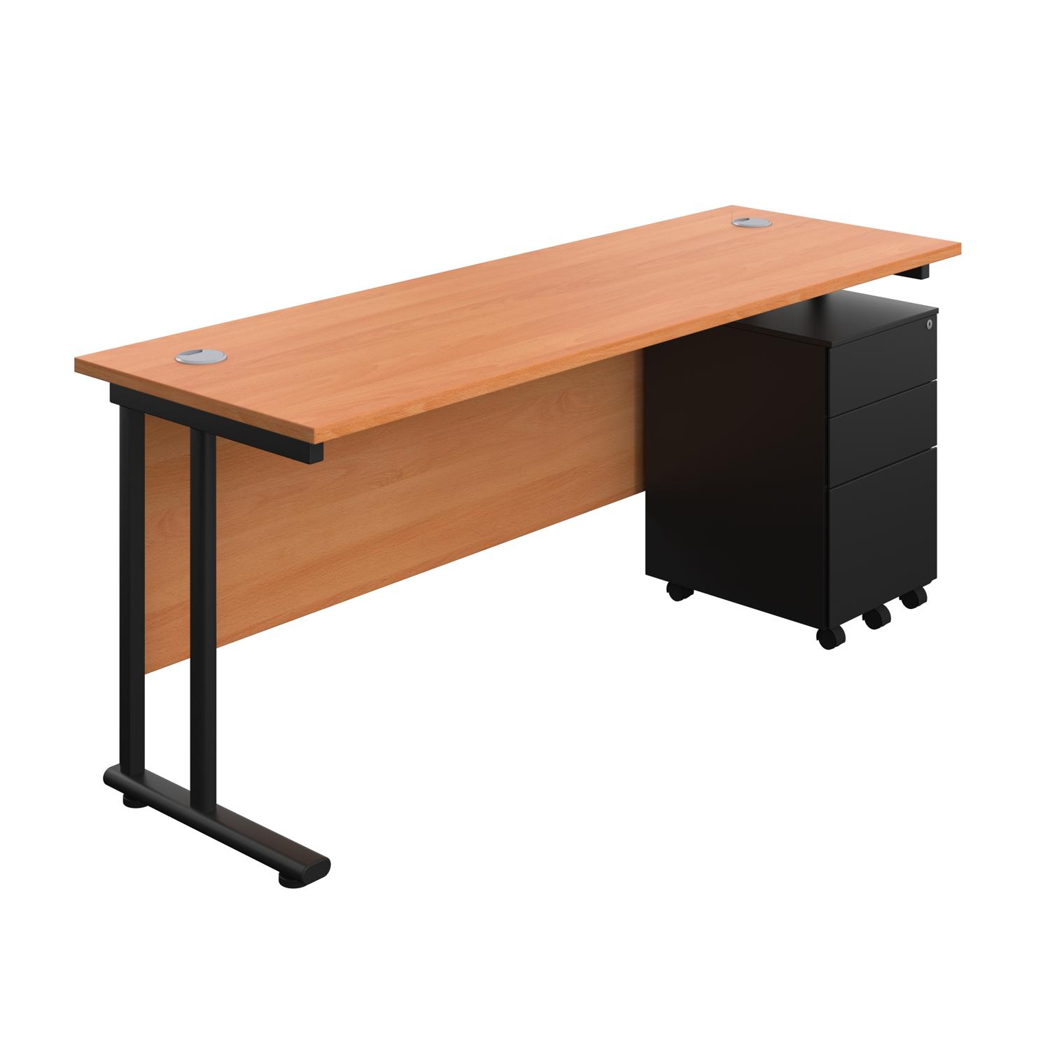 Twin Upright Rectangular Desk + Under Desk Steel Pedestal 3 Drawers  1800X600 Beech/Black