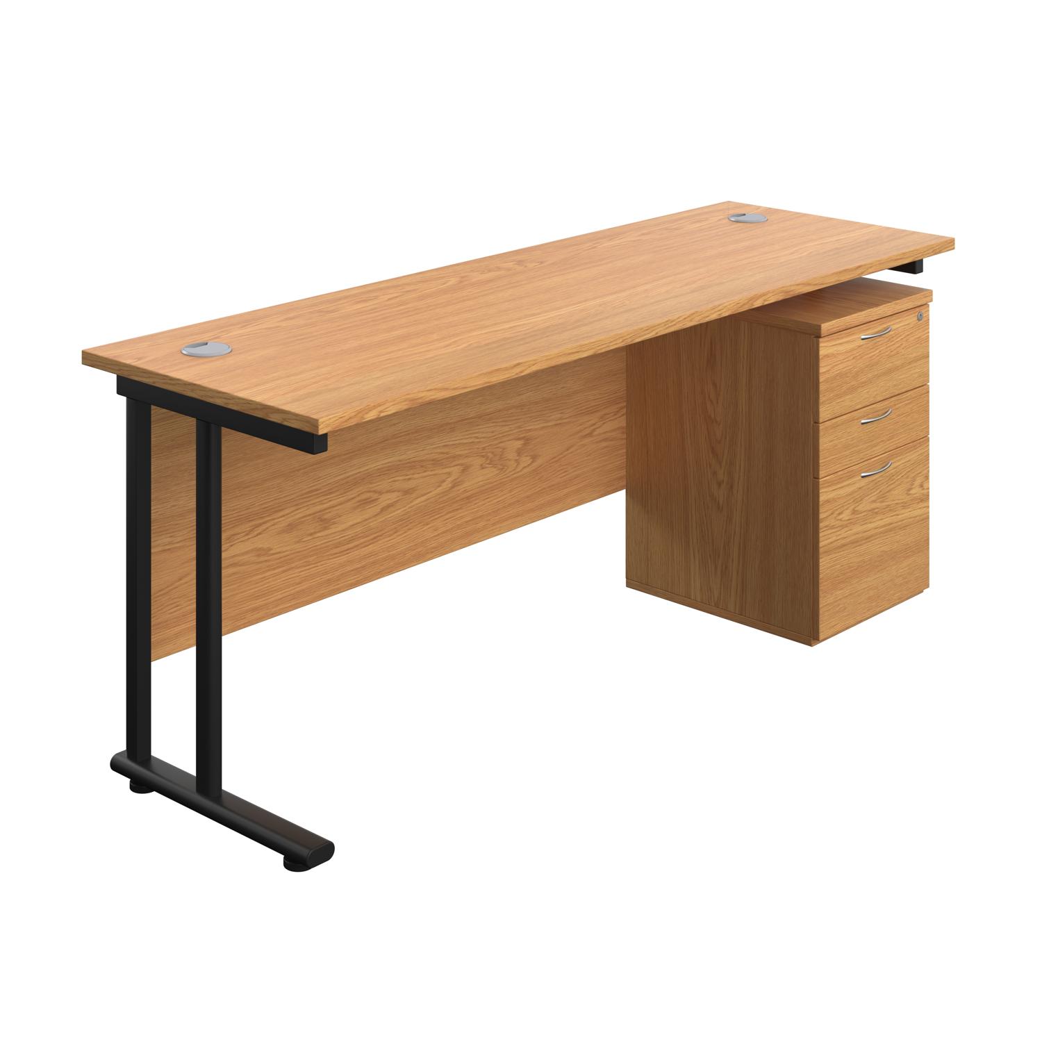 Twin Upright Rectangular Desk + High Mobile Pedestal 3 Drawer  1800X600 Nova Oak/Black