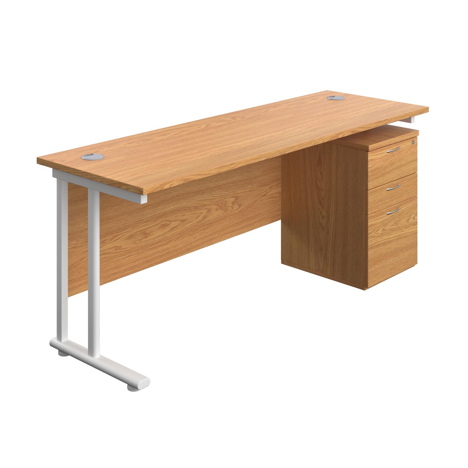 Twin Upright Rectangular Desk + High Mobile Pedestal 3 Drawer  1800X600 Nova Oak/White