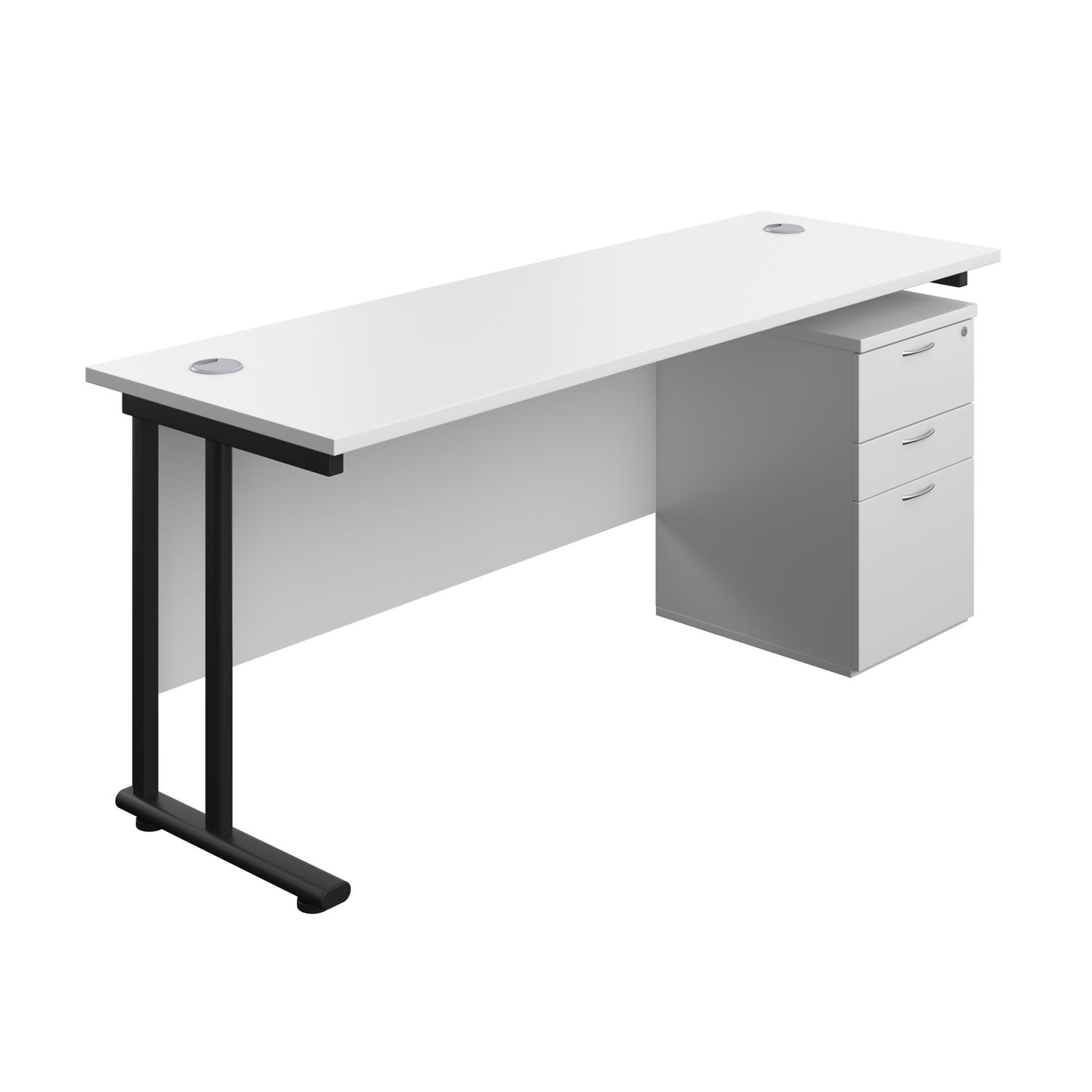 Twin Upright Rectangular Desk + High Mobile Pedestal 3 Drawer  1800X600 White/Black