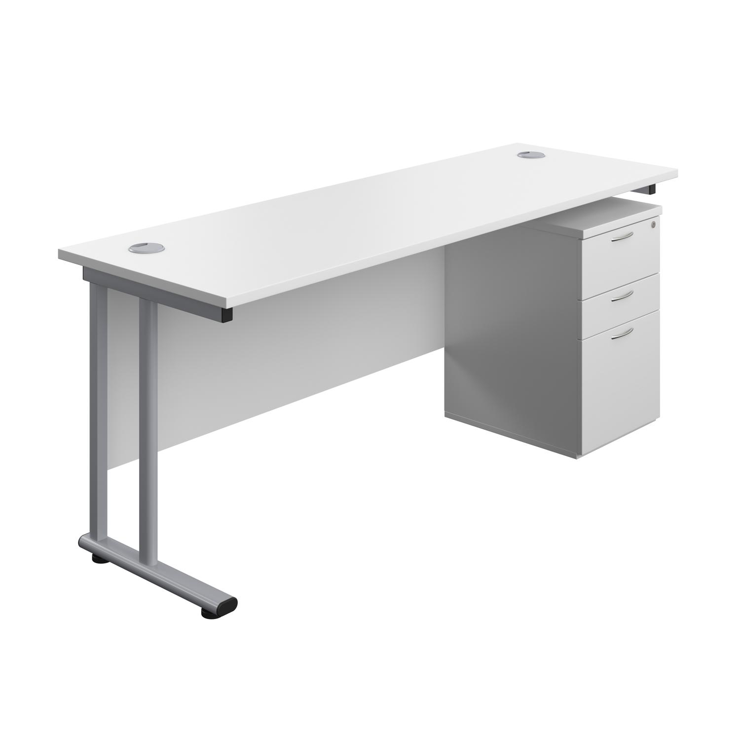 Twin Upright Rectangular Desk + High Mobile Pedestal 3 Drawer  1800X600 White/Silver