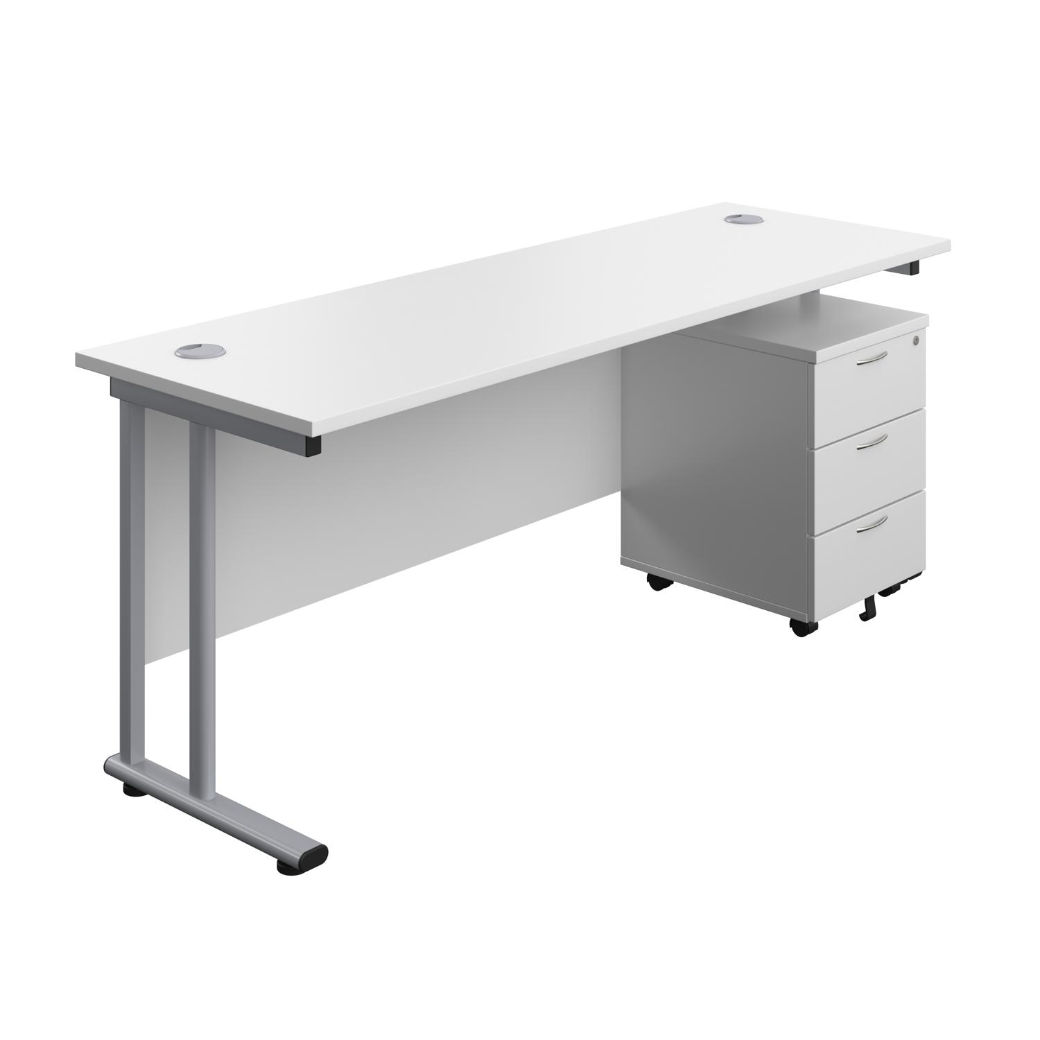 Twin Upright Rectangular Desk + Mobile 3 Drawer Pedestal  1800X600 White/Silver