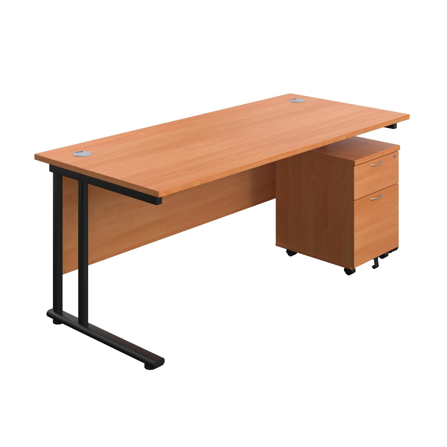 Twin Upright Rectangular Desk + Mobile 2 Drawer Pedestal  1800X800 Beech/Black