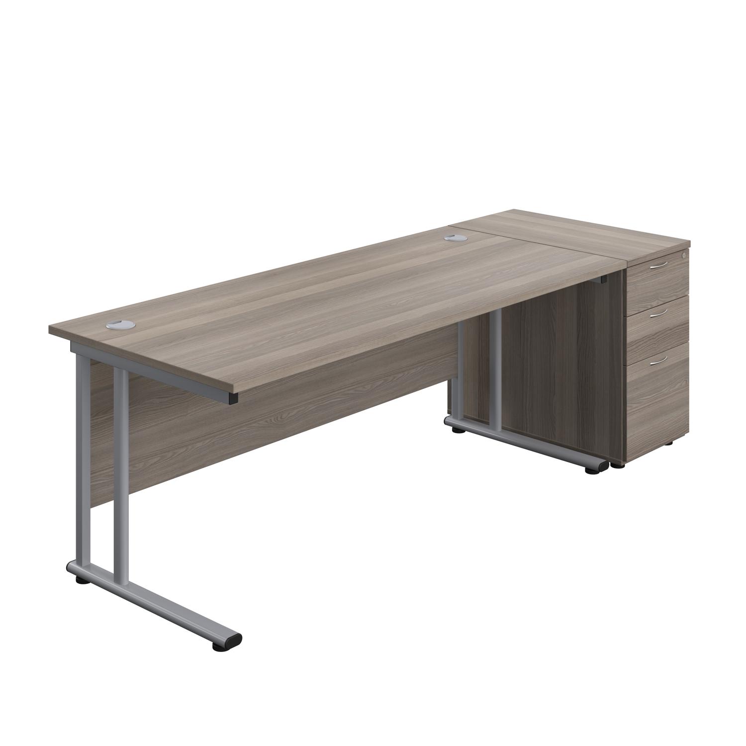 Twin Upright Rectangular Desk + Desk High 3 Drawer Pedestal  1800X800 Grey Oak/Silver