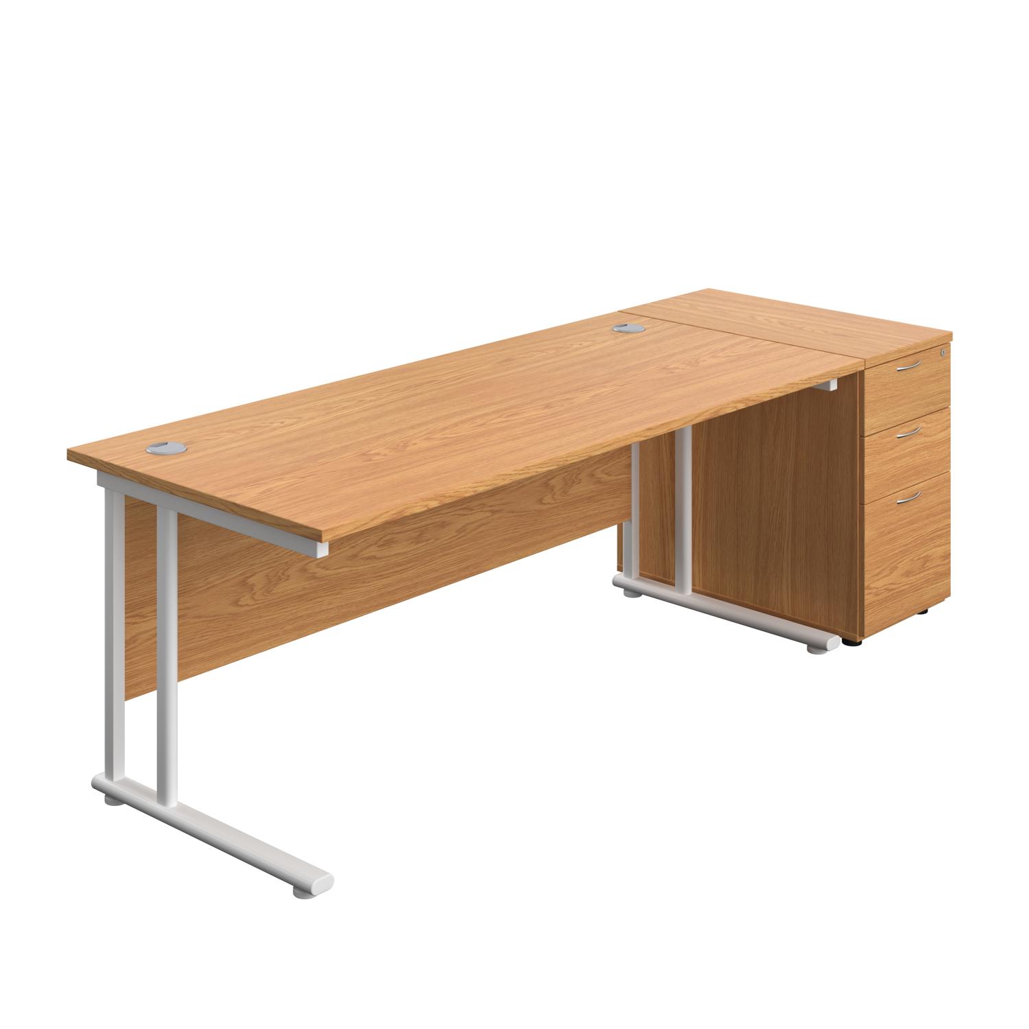 Twin Upright Rectangular Desk + Desk High 3 Drawer Pedestal  1800X800 Nova Oak/White