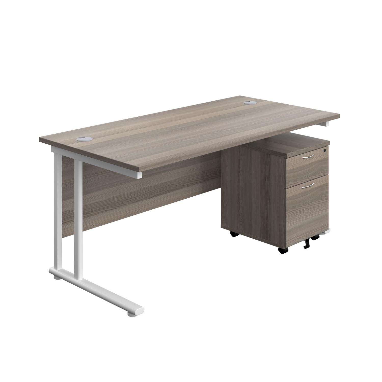 Twin Upright Rectangular Desk + Mobile 2 Drawer Pedestal  1800X800 Grey Oak/White