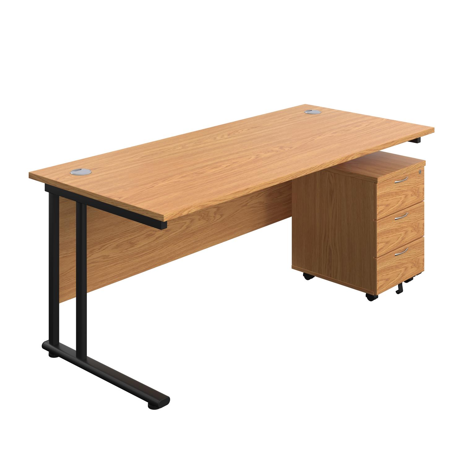 Twin Upright Rectangular Desk + Mobile 3 Drawer Pedestal  1800X800 Nova Oak/Black