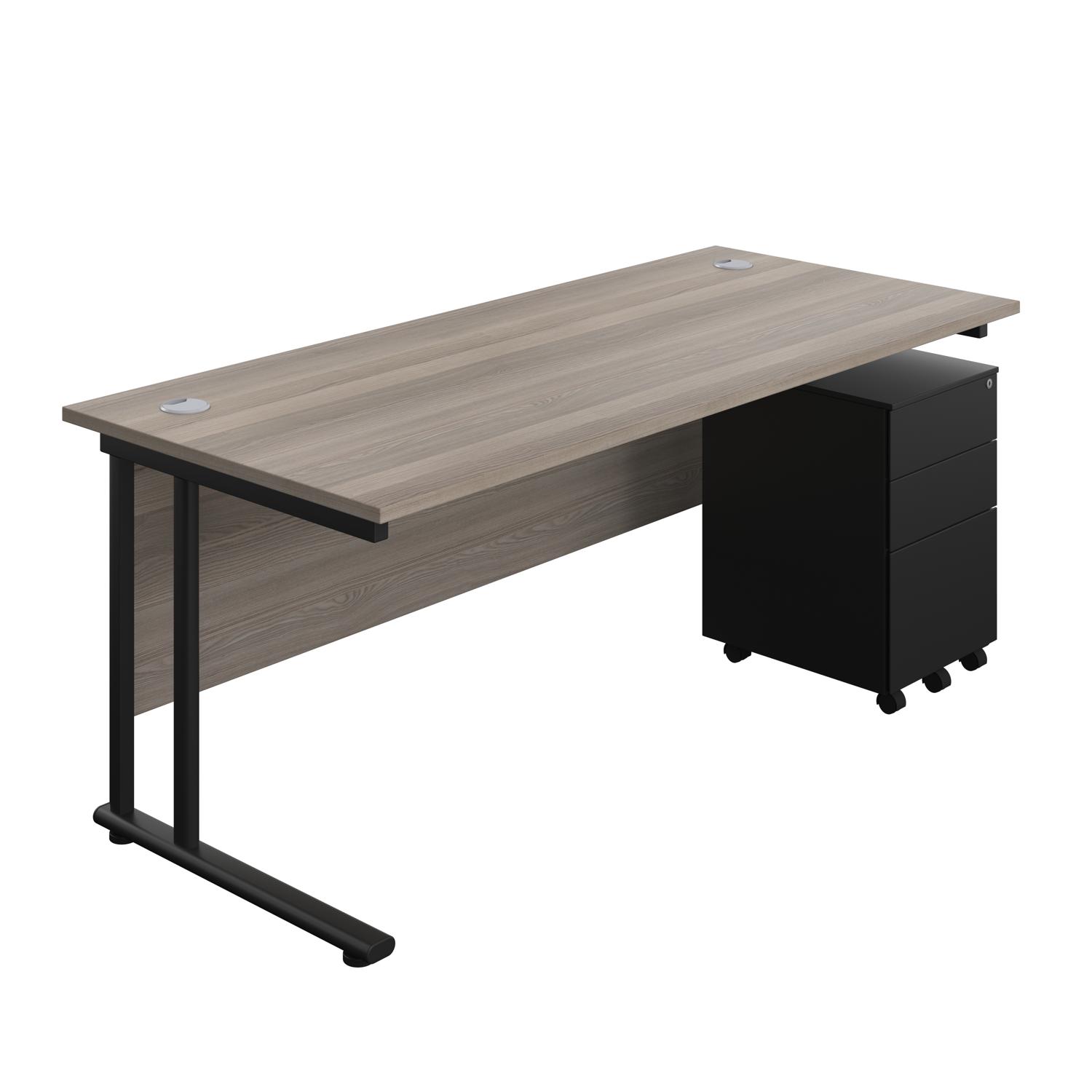 Twin Upright Rectangular Desk + Under Desk Steel Pedestal 3 Drawers  1800X800 Grey Oak/Black