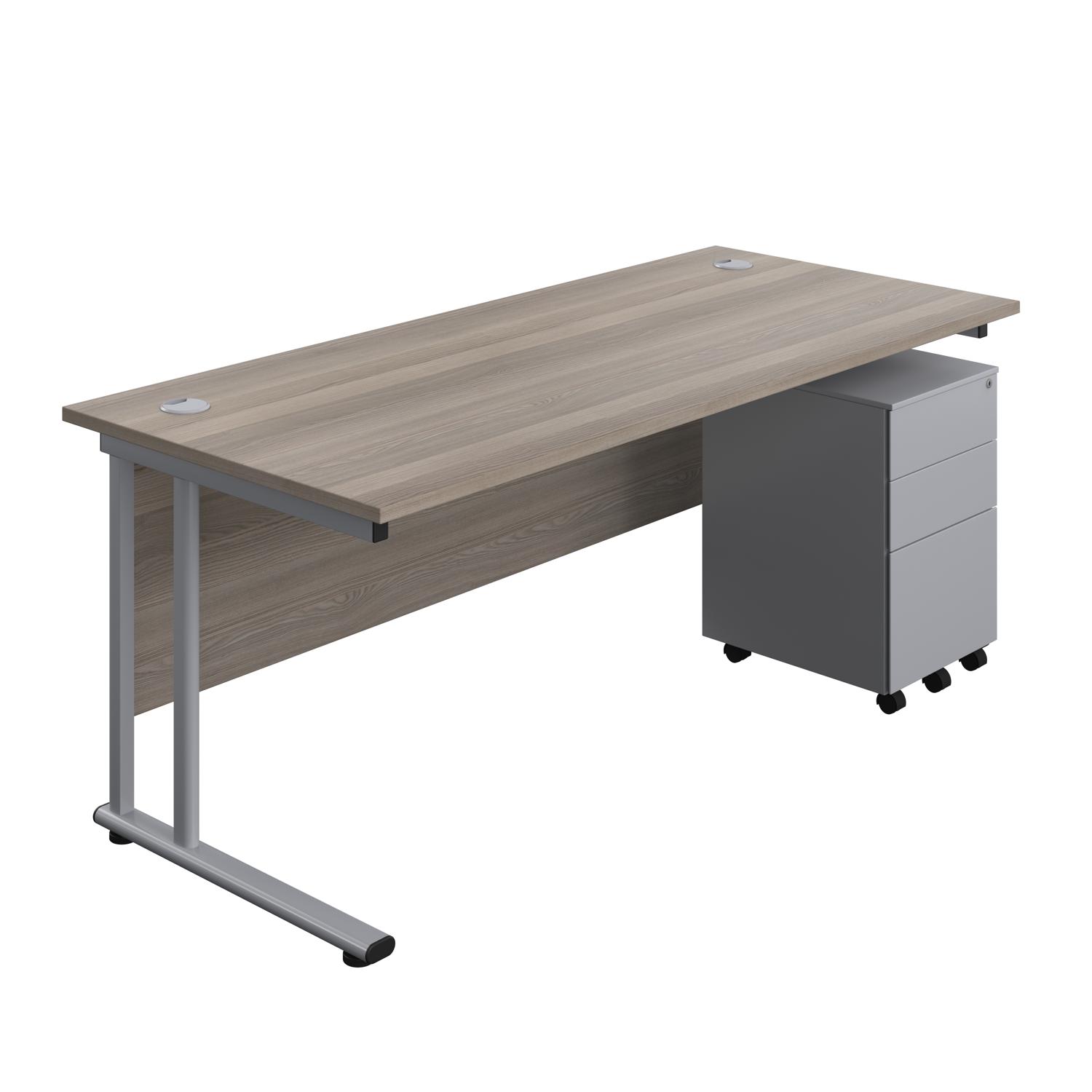 Twin Upright Rectangular Desk + Under Desk Steel Pedestal 3 Drawers  1800X800 Grey Oak/Silver