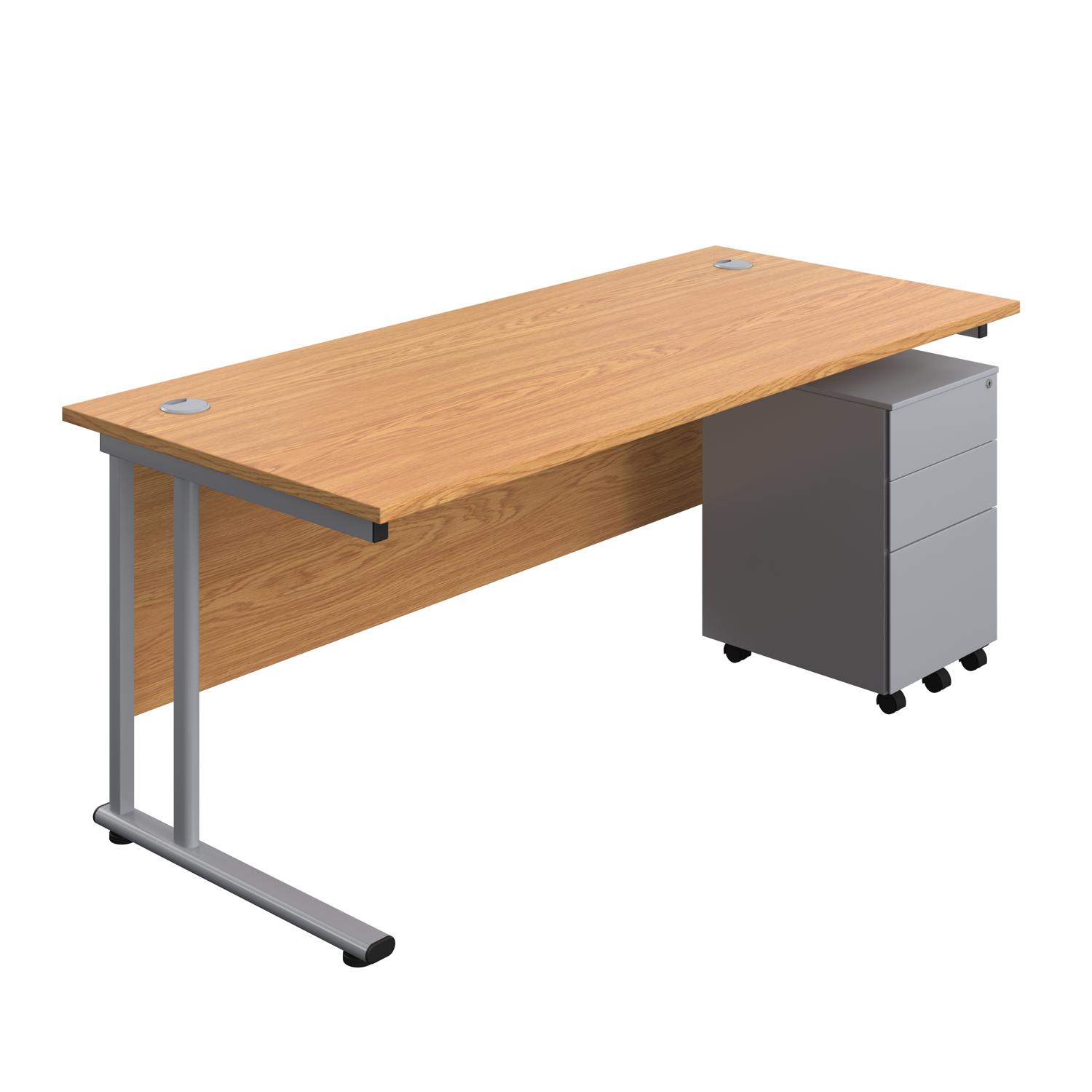 Twin Upright Rectangular Desk + Under Desk Steel Pedestal 3 Drawers  1800X800 Nova Oak/Silver
