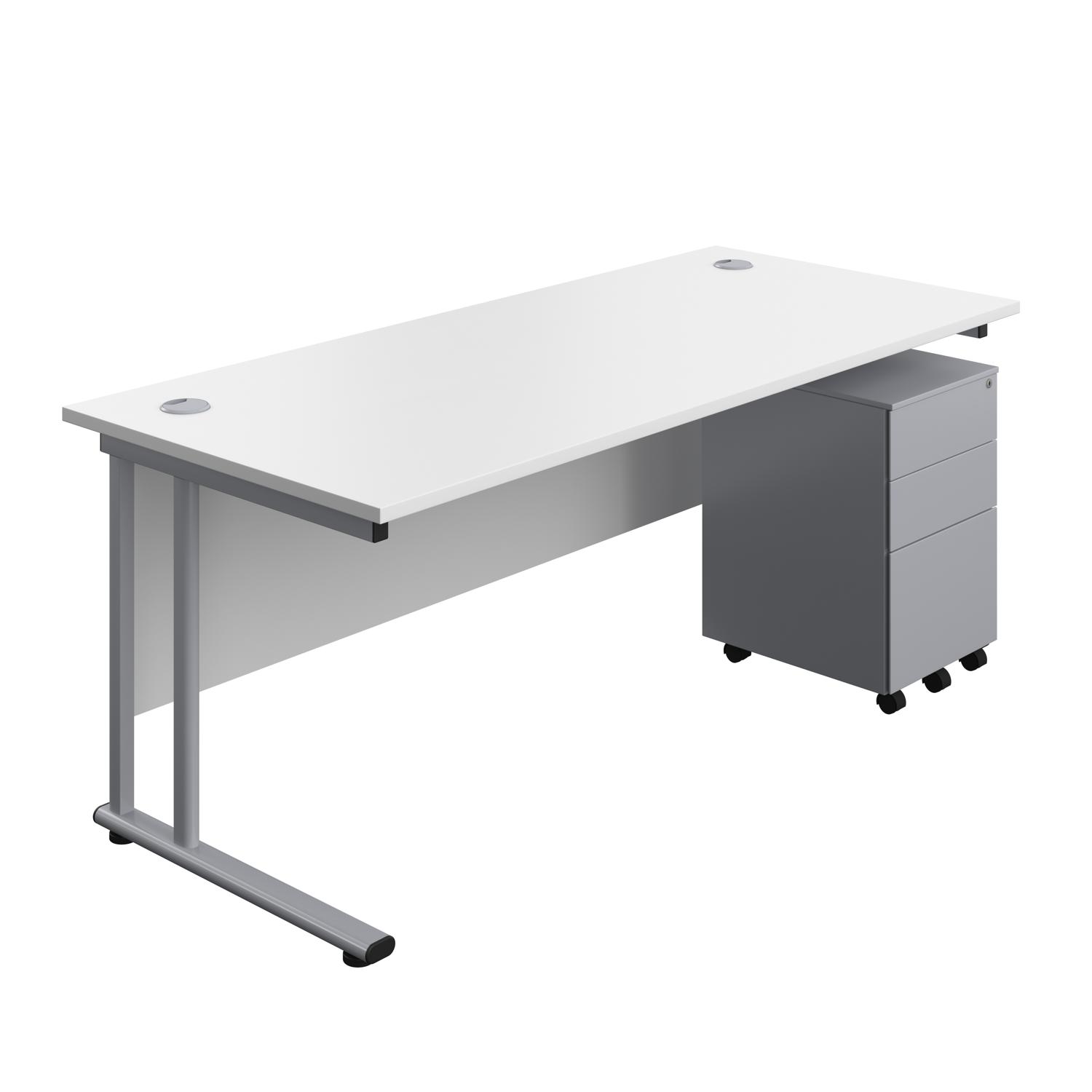 Twin Upright Rectangular Desk + Under Desk Steel Pedestal 3 Drawers  1800X800 White/Silver