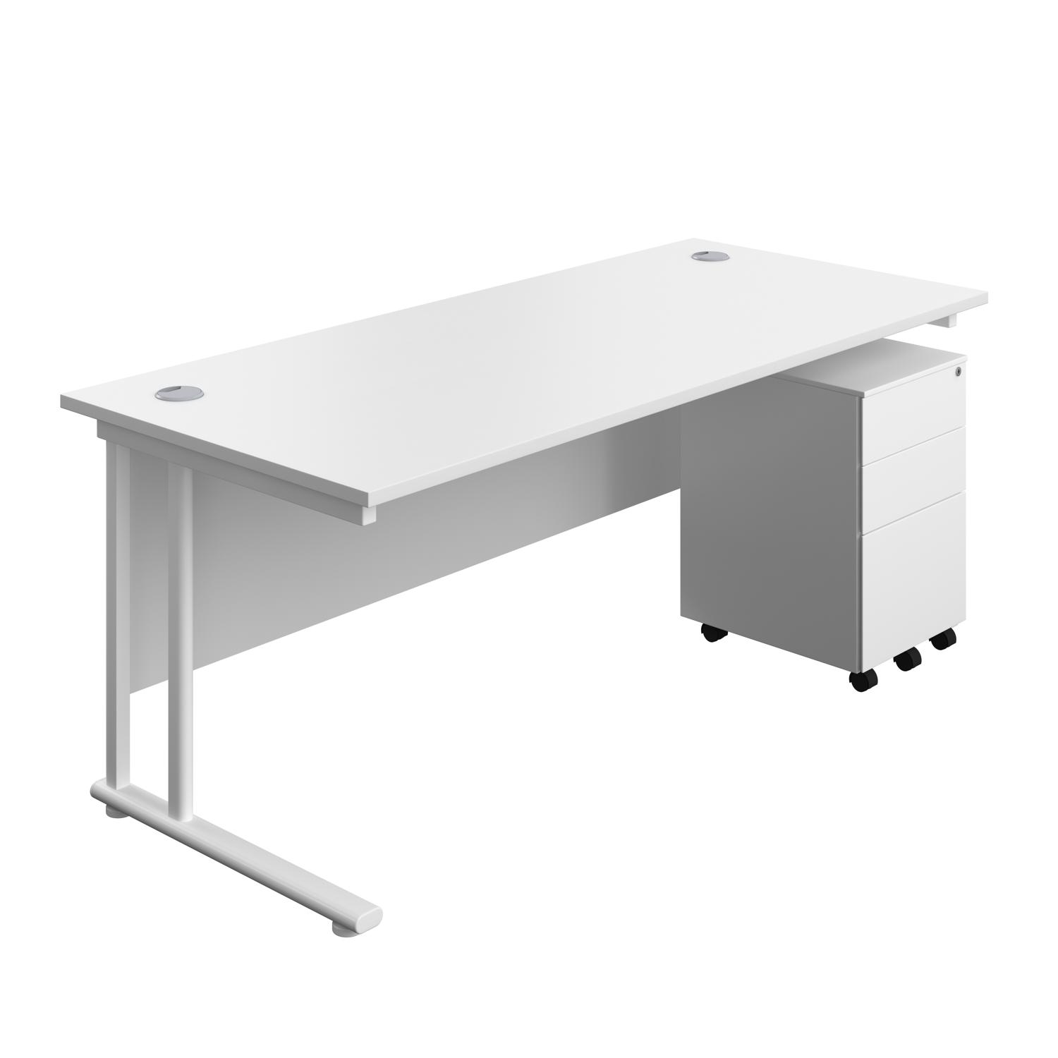Twin Upright Rectangular Desk + Under Desk Steel Pedestal 3 Drawers  1800X800 White/White