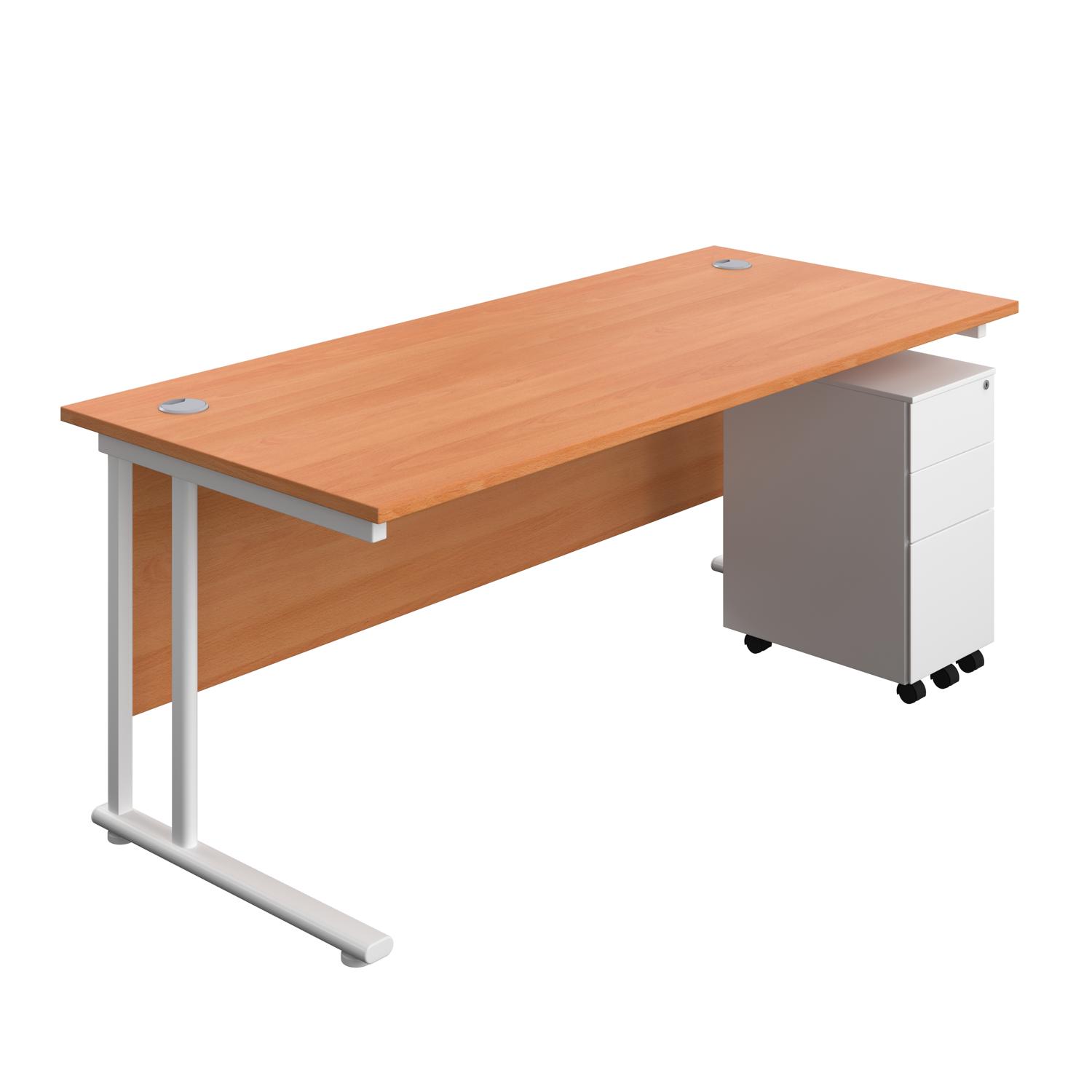 Twin Upright Rectangular Desk + Slimline Steel Pedestal 3 Drawers  1800X800 Beech/White
