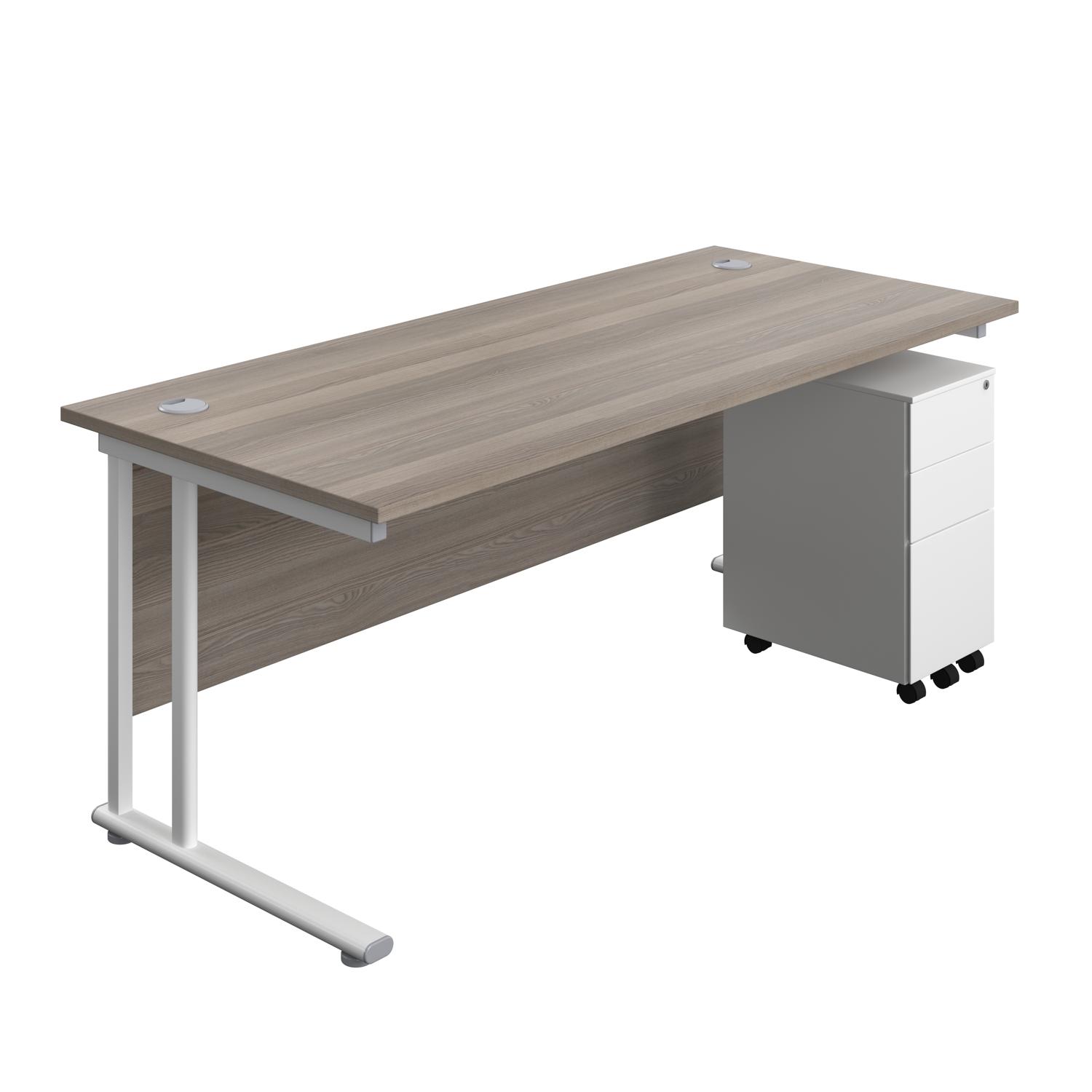 Twin Upright Rectangular Desk + Slimline Steel Pedestal 3 Drawers  1800X800 Grey Oak/White