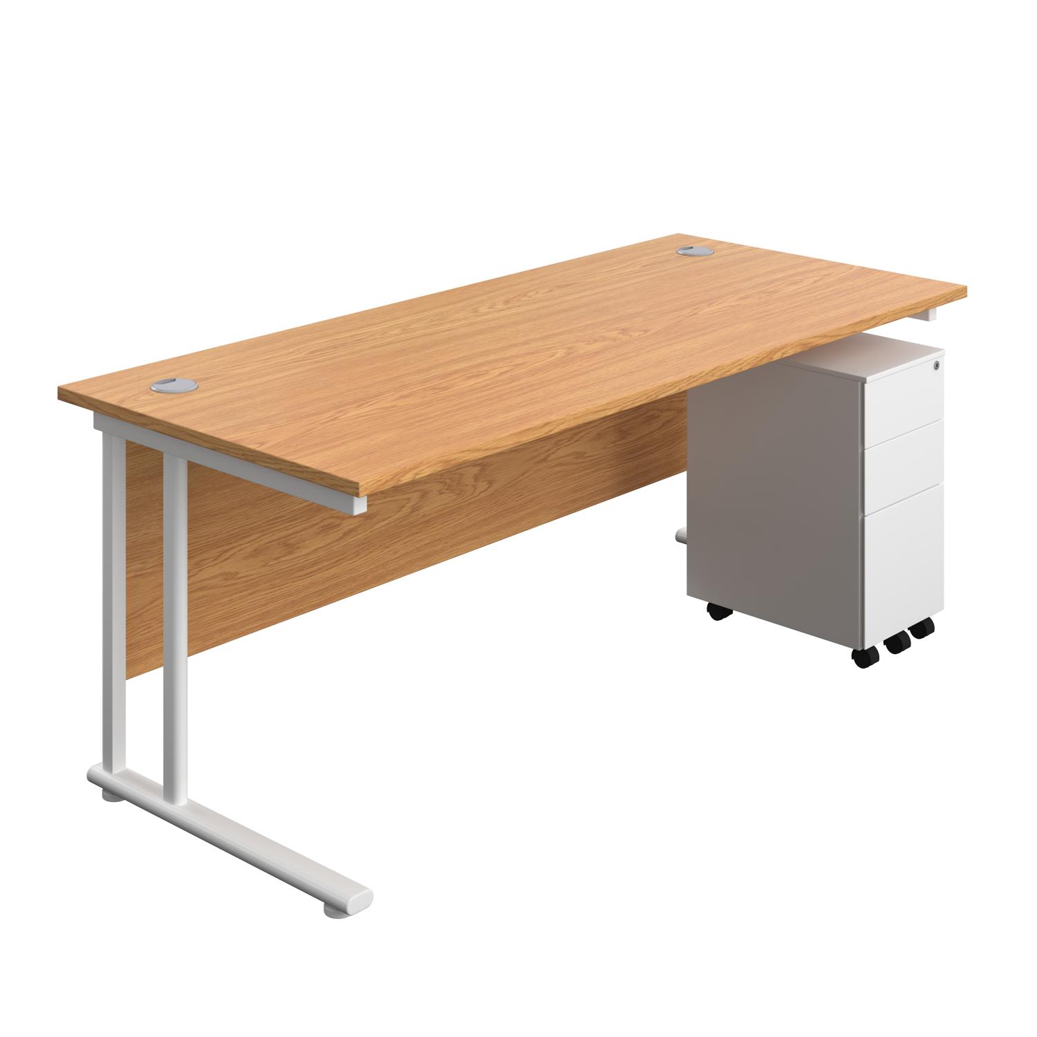 Twin Upright Rectangular Desk + Slimline Steel Pedestal 3 Drawers  1800X800 Nova Oak/White
