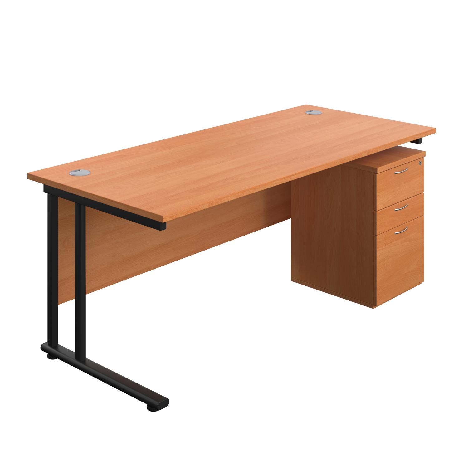 Twin Upright Rectangular Desk + High Mobile Pedestal 3 Drawer  1800X800 Beech/Black