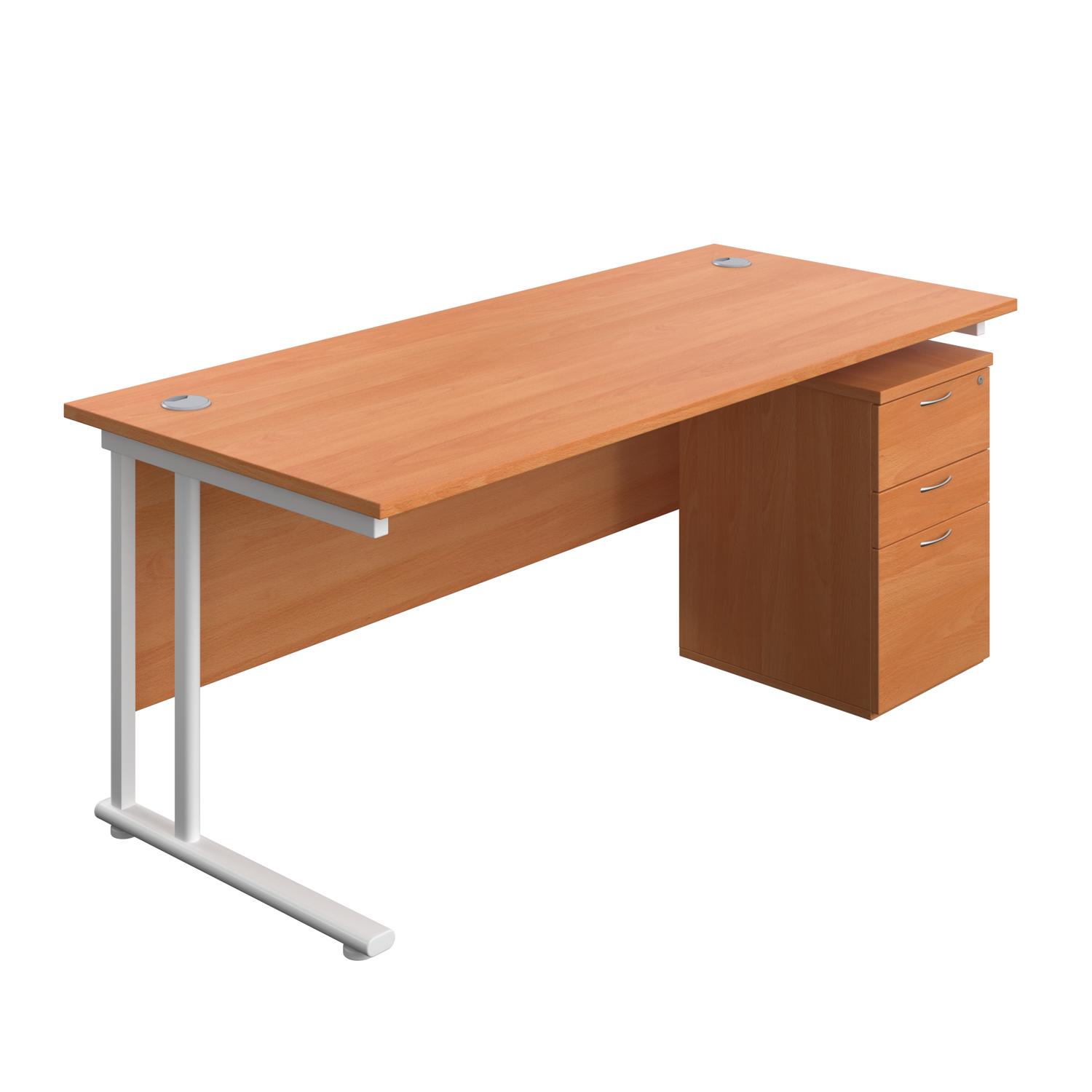 Twin Upright Rectangular Desk + High Mobile Pedestal 3 Drawer  1800X800 Beech/White