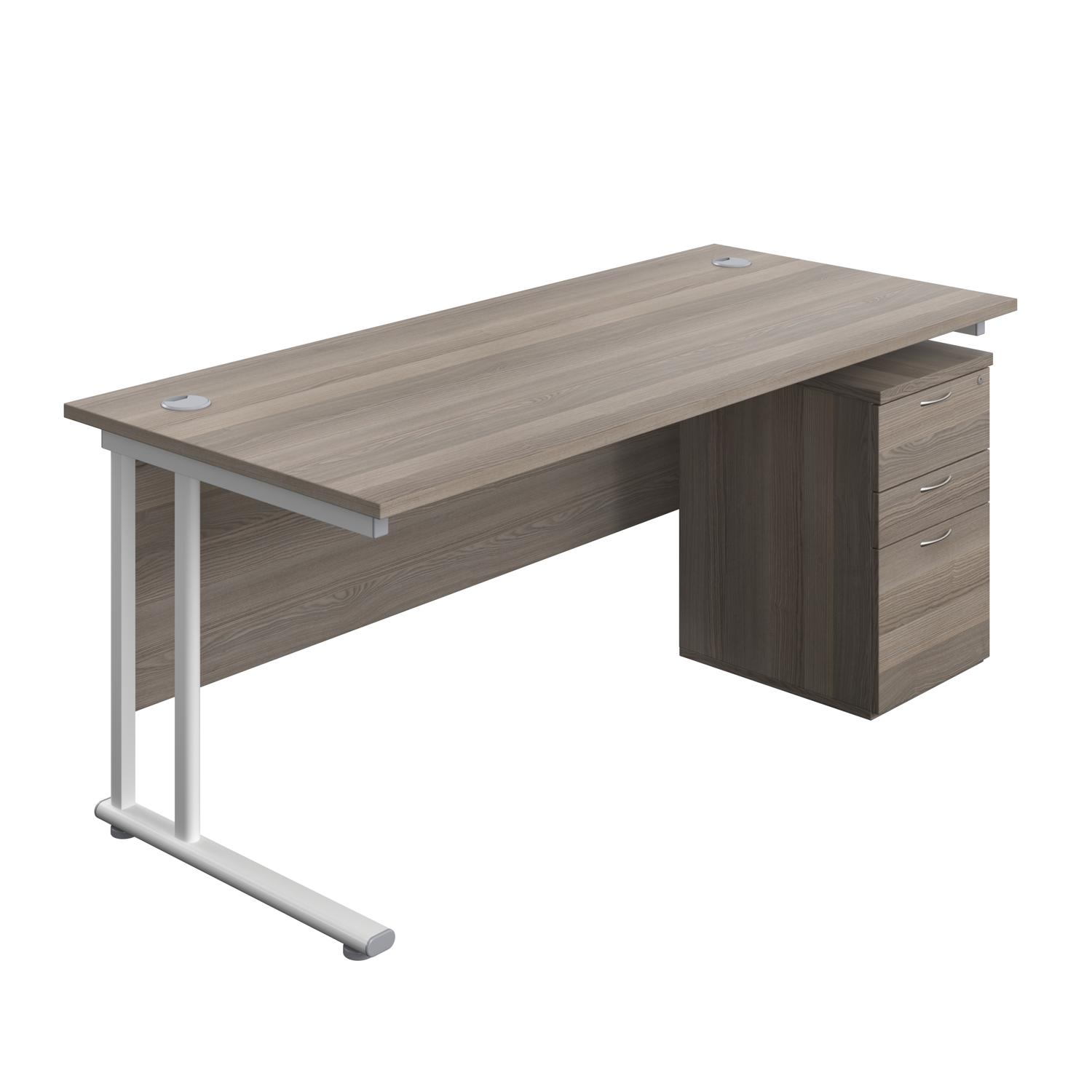 Twin Upright Rectangular Desk + High Mobile Pedestal 3 Drawer  1800X800 Grey Oak/White