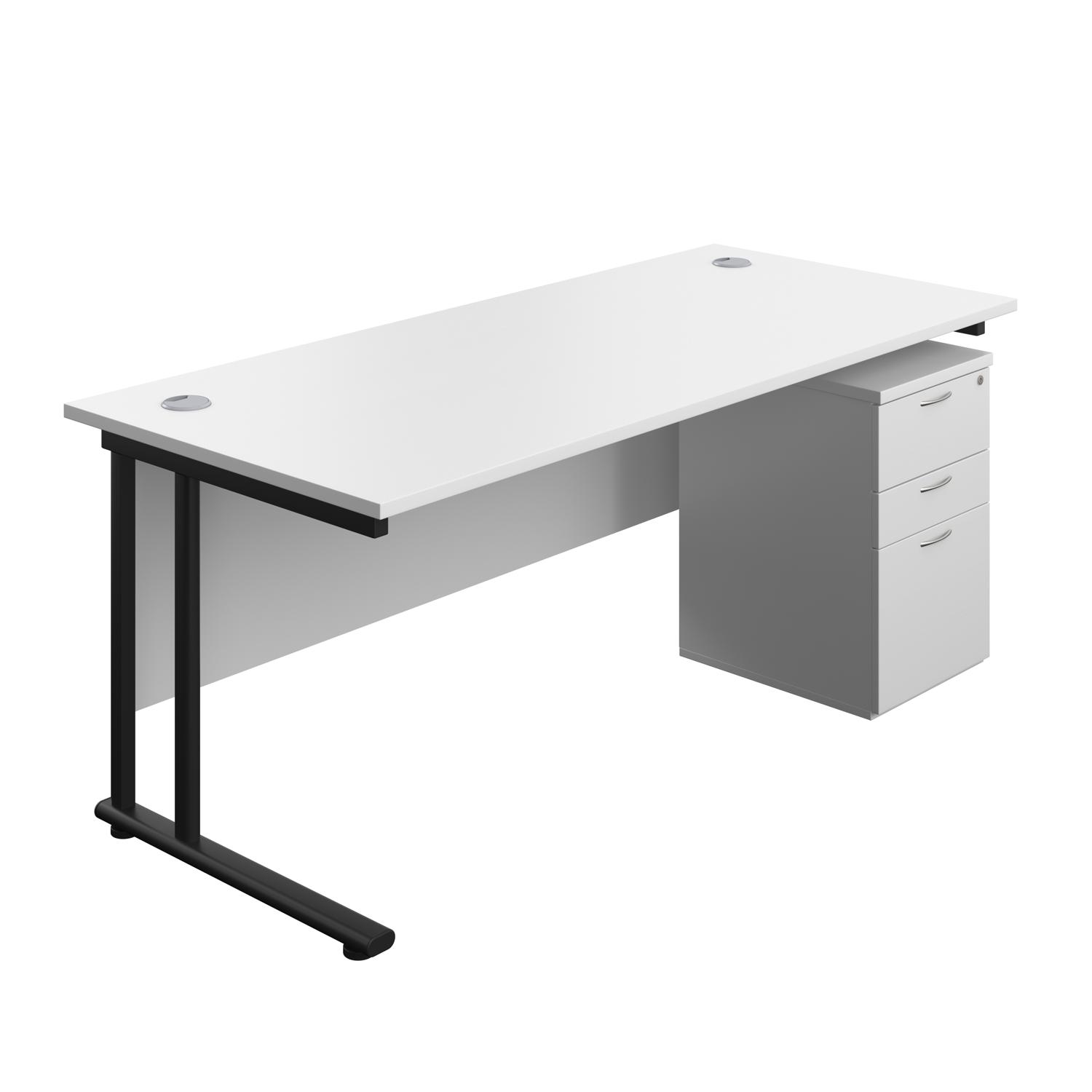 Twin Upright Rectangular Desk + High Mobile Pedestal 3 Drawer  1800X800 White/Black